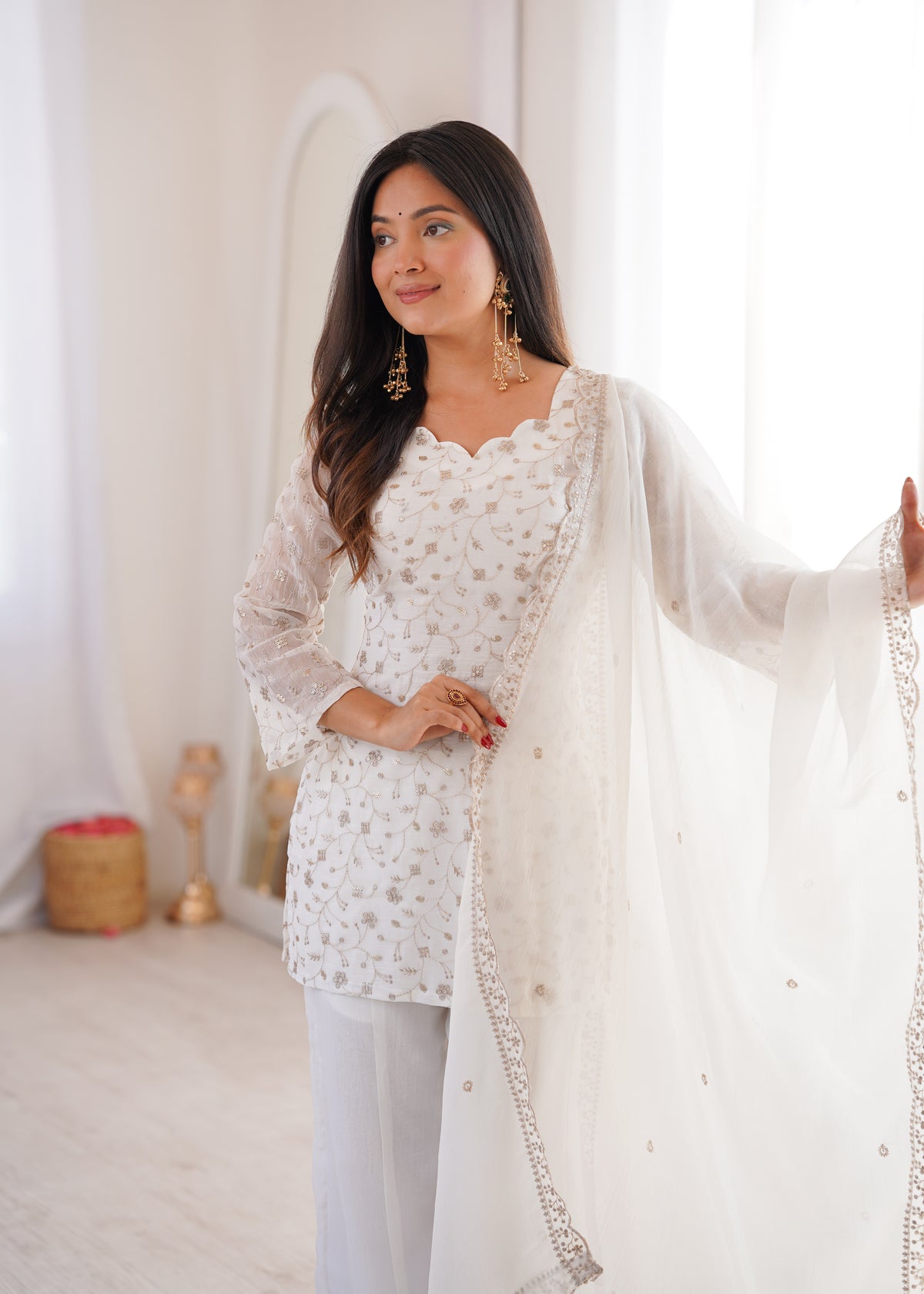 Crunchy Silk Embroidered Bell Bottom Suit with Sequin, Jari & Lace Work Dupatta