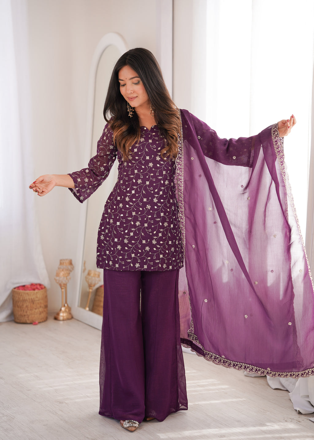 Crunchy Silk Embroidered Bell Bottom Suit with Sequin, Jari & Lace Work Dupatta