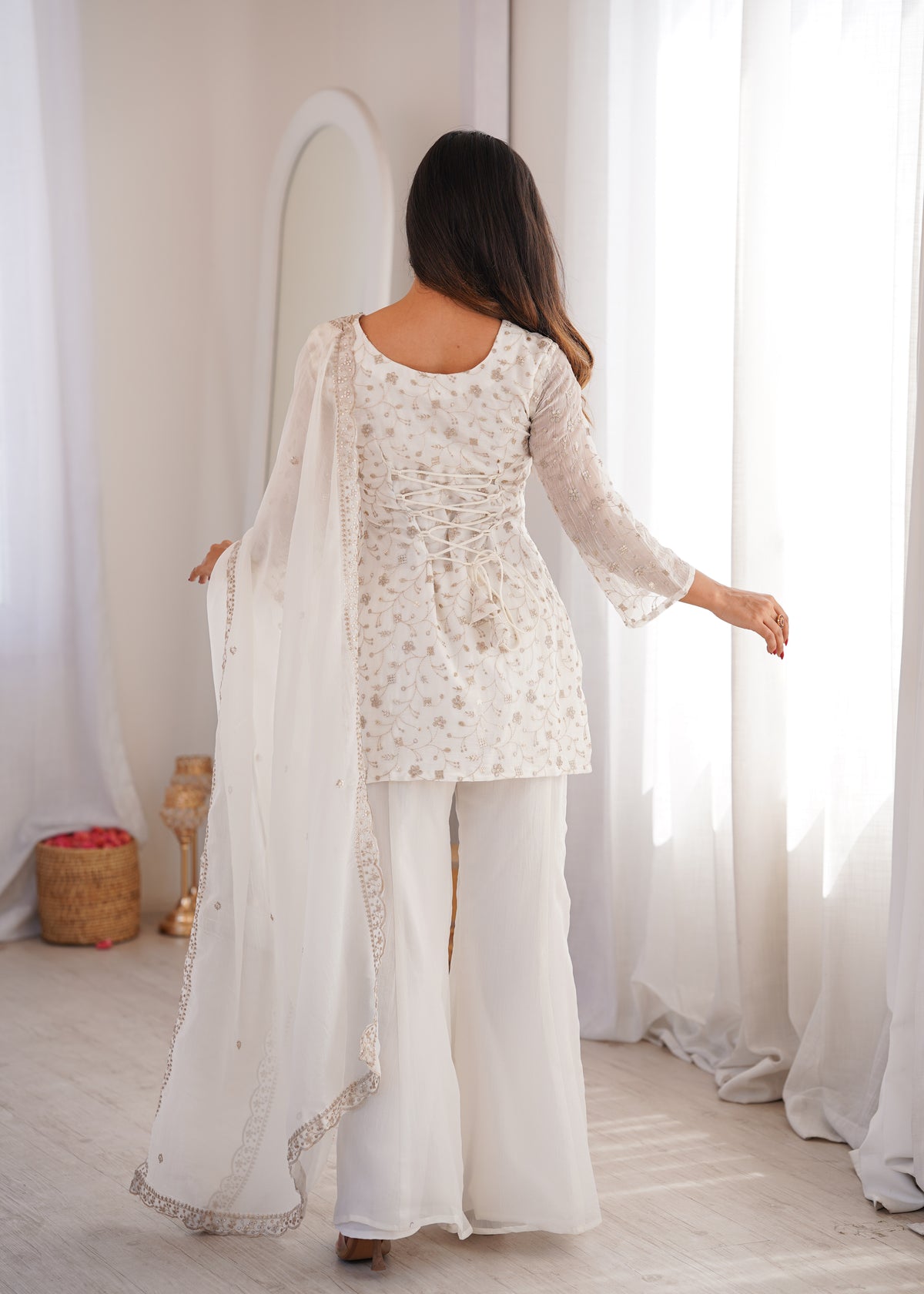 Crunchy Silk Embroidered Bell Bottom Suit with Sequin, Jari & Lace Work Dupatta