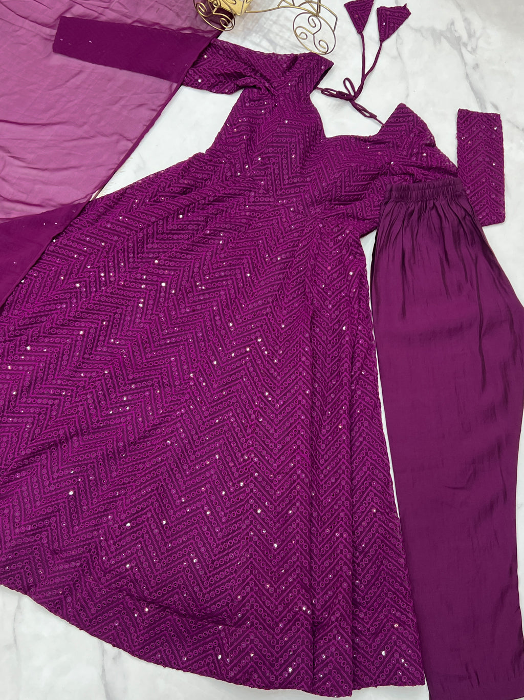 Lucknowi Faux Georgette Anarkali Suit with 4M Kali Flair, Sequin Work & Ruffle Dupatta