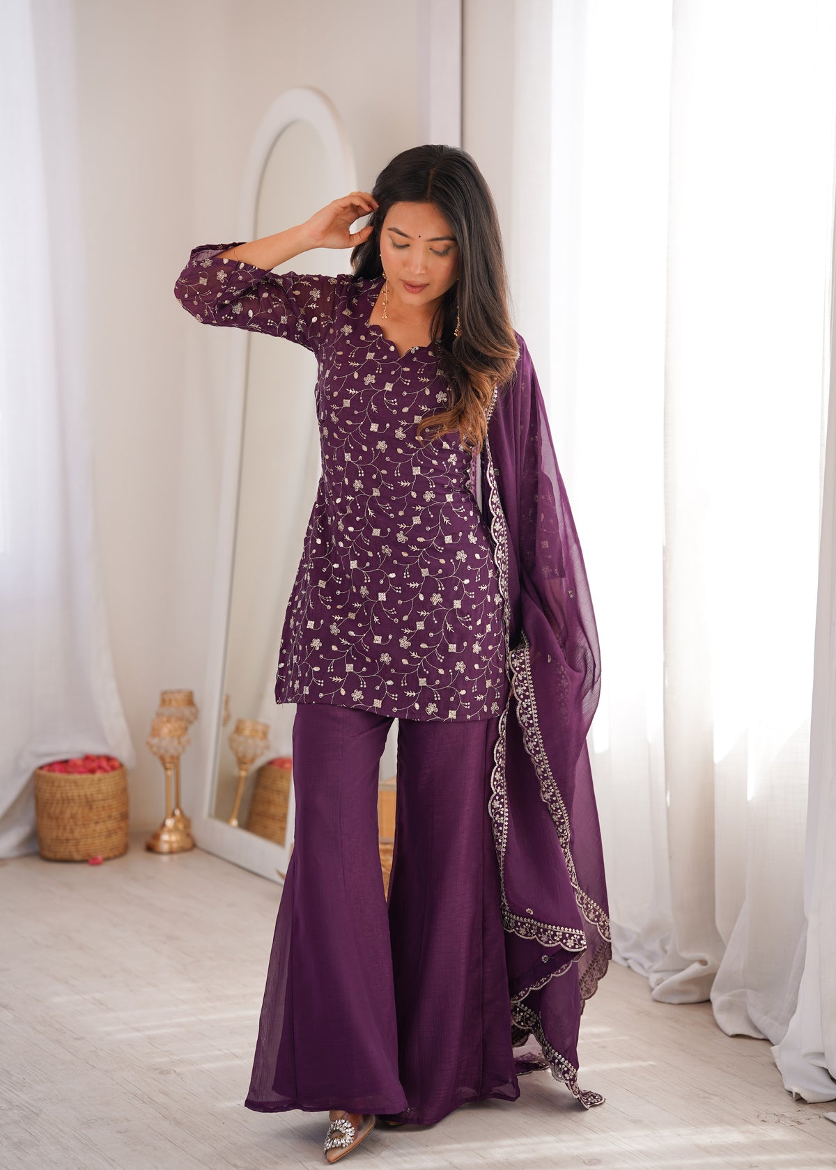 Crunchy Silk Embroidered Bell Bottom Suit with Sequin, Jari & Lace Work Dupatta