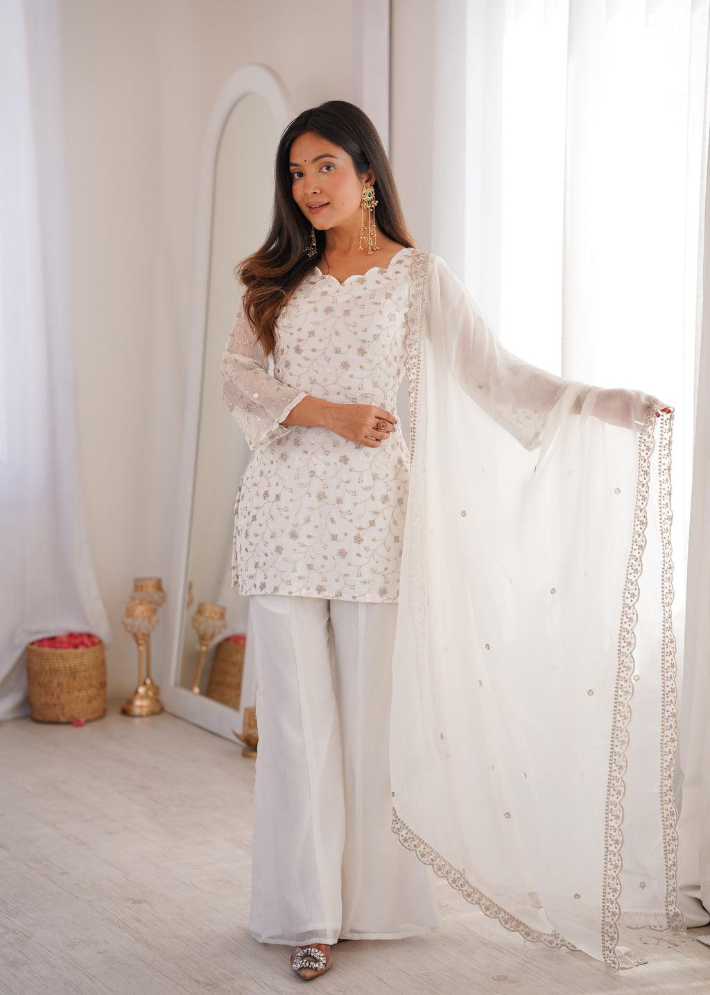 Crunchy Silk Embroidered Bell Bottom Suit with Sequin, Jari & Lace Work Dupatta