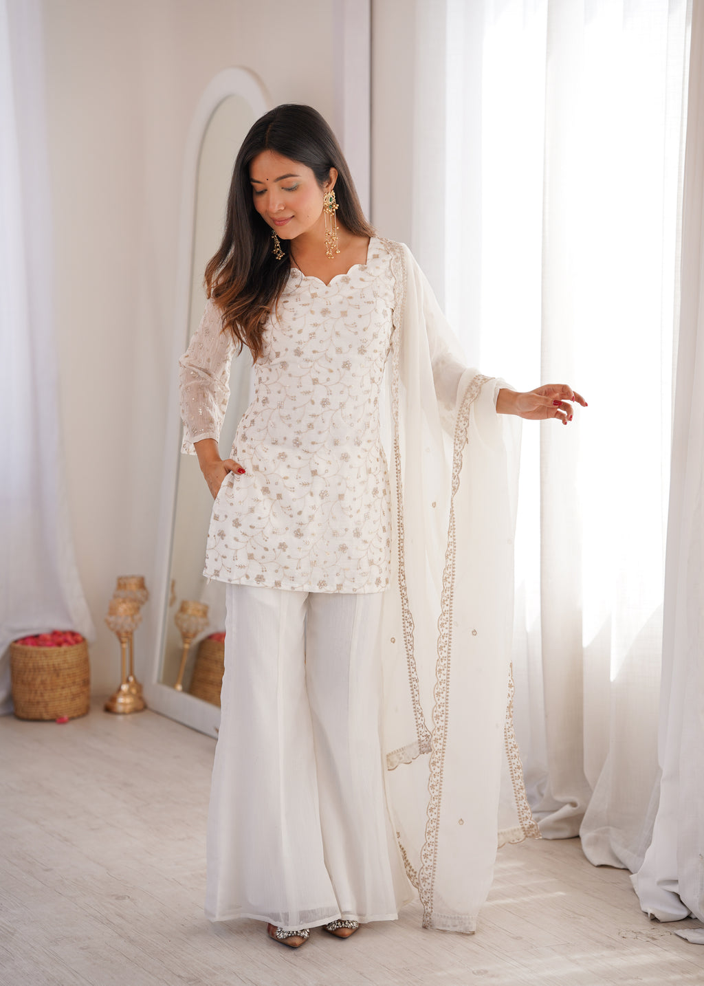 Crunchy Silk Embroidered Bell Bottom Suit with Sequin, Jari & Lace Work Dupatta