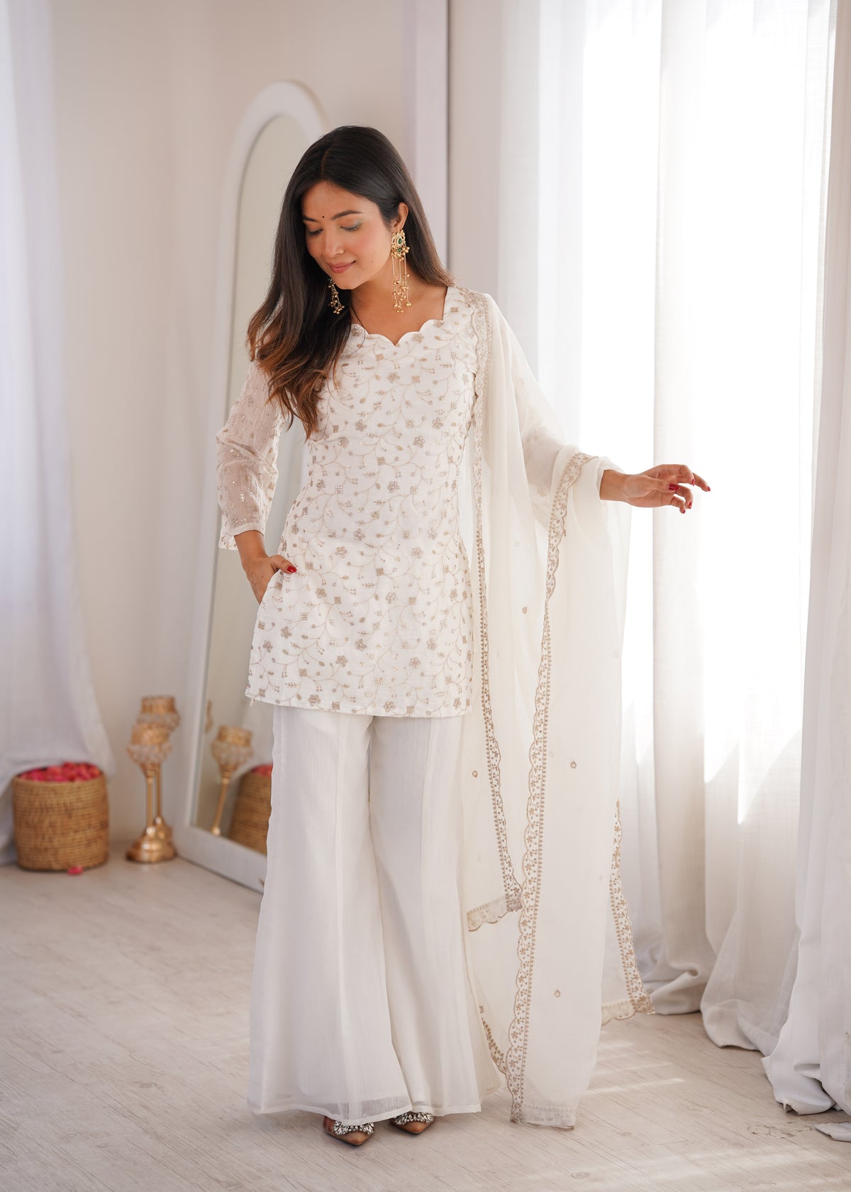 Crunchy Silk Embroidered Bell Bottom Suit with Sequin, Jari & Lace Work Dupatta