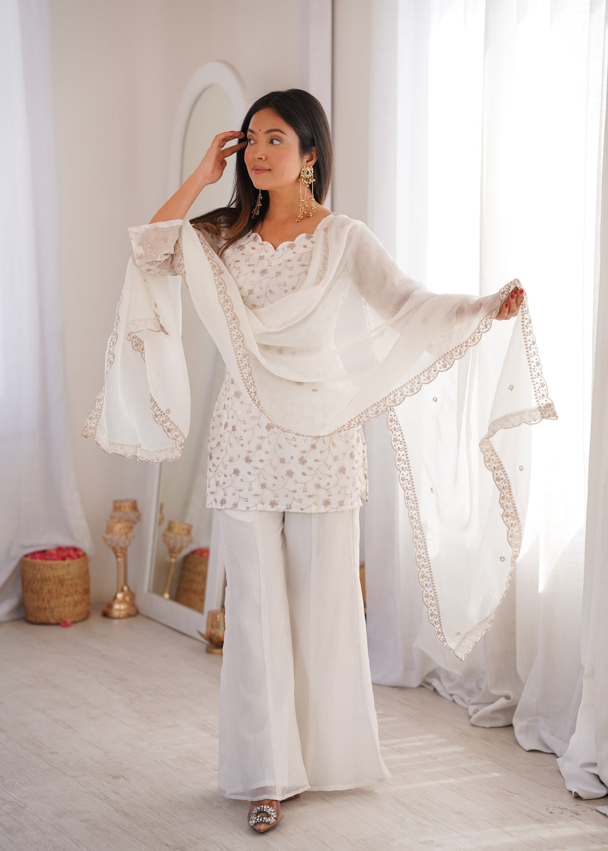 Crunchy Silk Embroidered Bell Bottom Suit with Sequin, Jari & Lace Work Dupatta