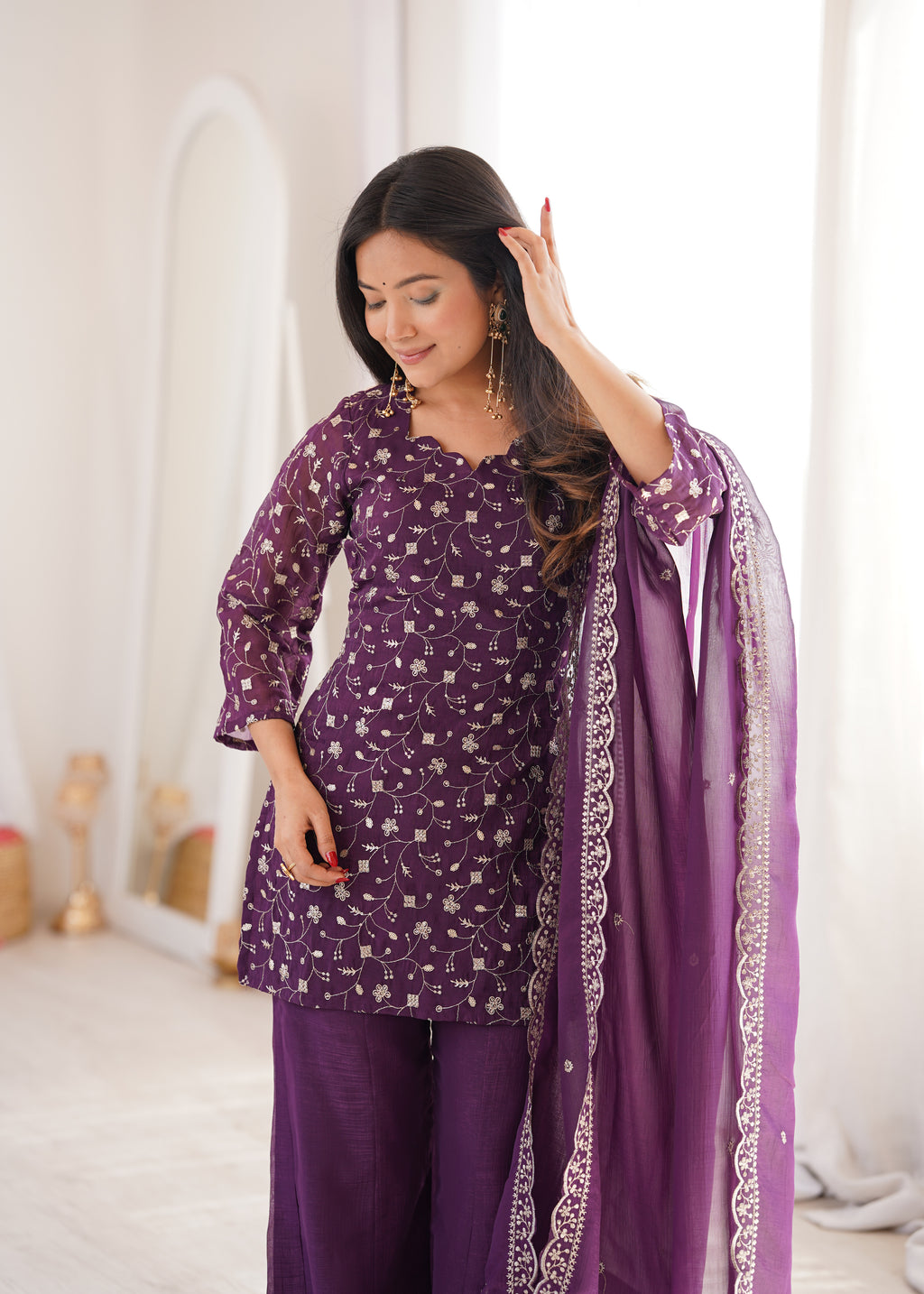 Crunchy Silk Embroidered Bell Bottom Suit with Sequin, Jari & Lace Work Dupatta