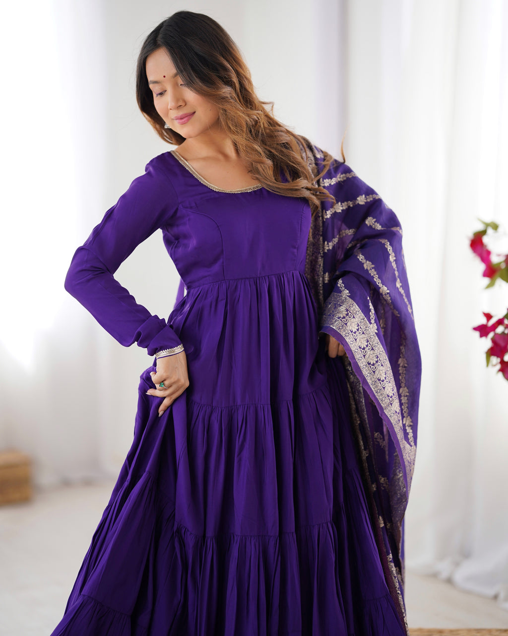 Romansilk Chanderi 9M+ Flair Anarkali Set with Padded Yoke & Banarasi Jacquard Dupatta