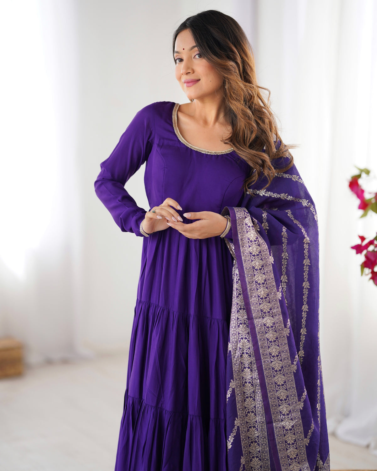 Romansilk Chanderi 9M+ Flair Anarkali Set with Padded Yoke & Banarasi Jacquard Dupatta