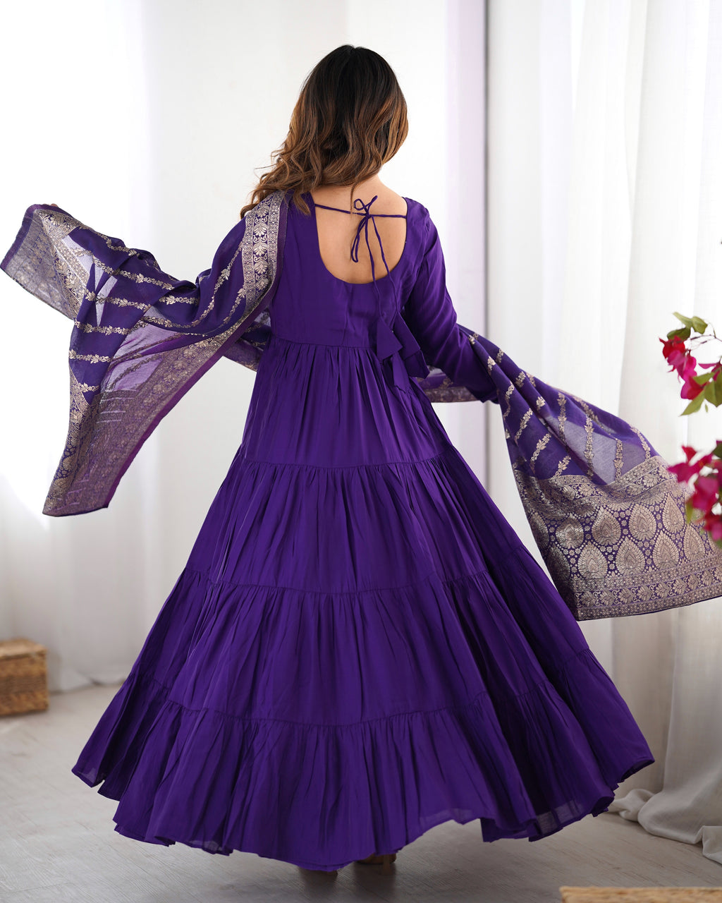 Romansilk Chanderi 9M+ Flair Anarkali Set with Padded Yoke & Banarasi Jacquard Dupatta