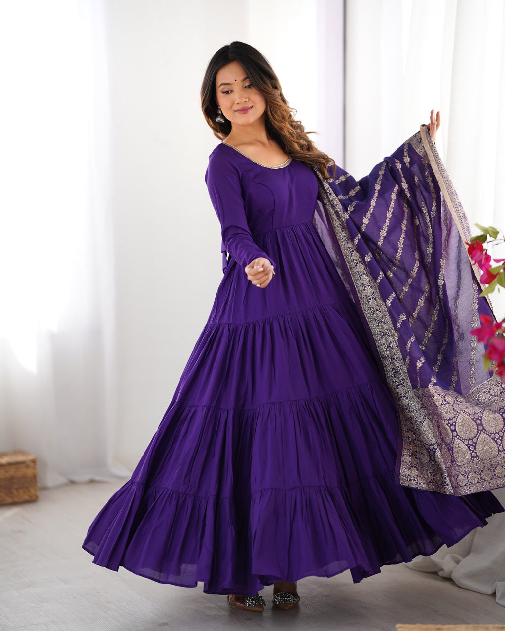 Romansilk Chanderi 9M+ Flair Anarkali Set with Padded Yoke & Banarasi Jacquard Dupatta