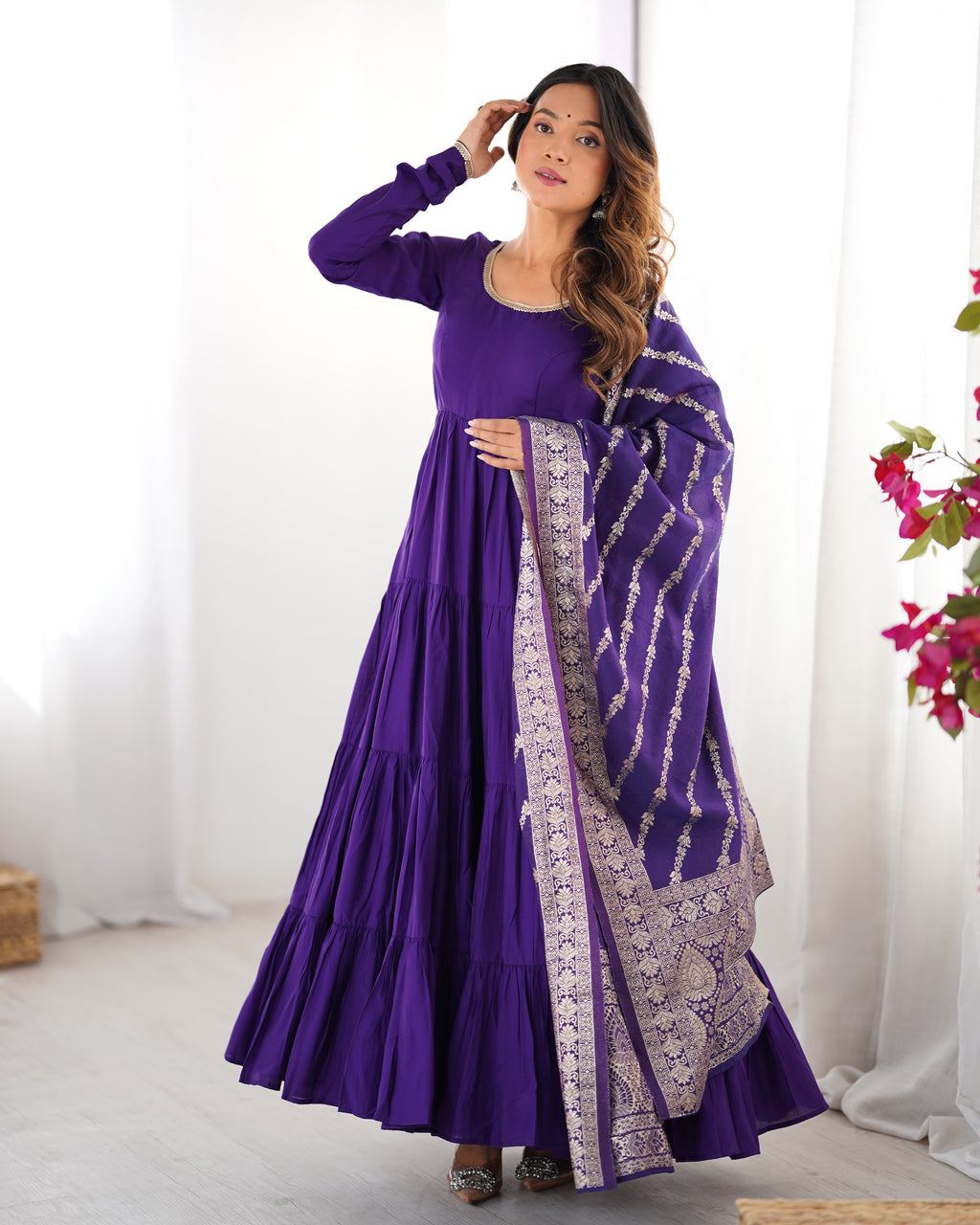 Romansilk Chanderi 9M+ Flair Anarkali Set with Padded Yoke & Banarasi Jacquard Dupatta