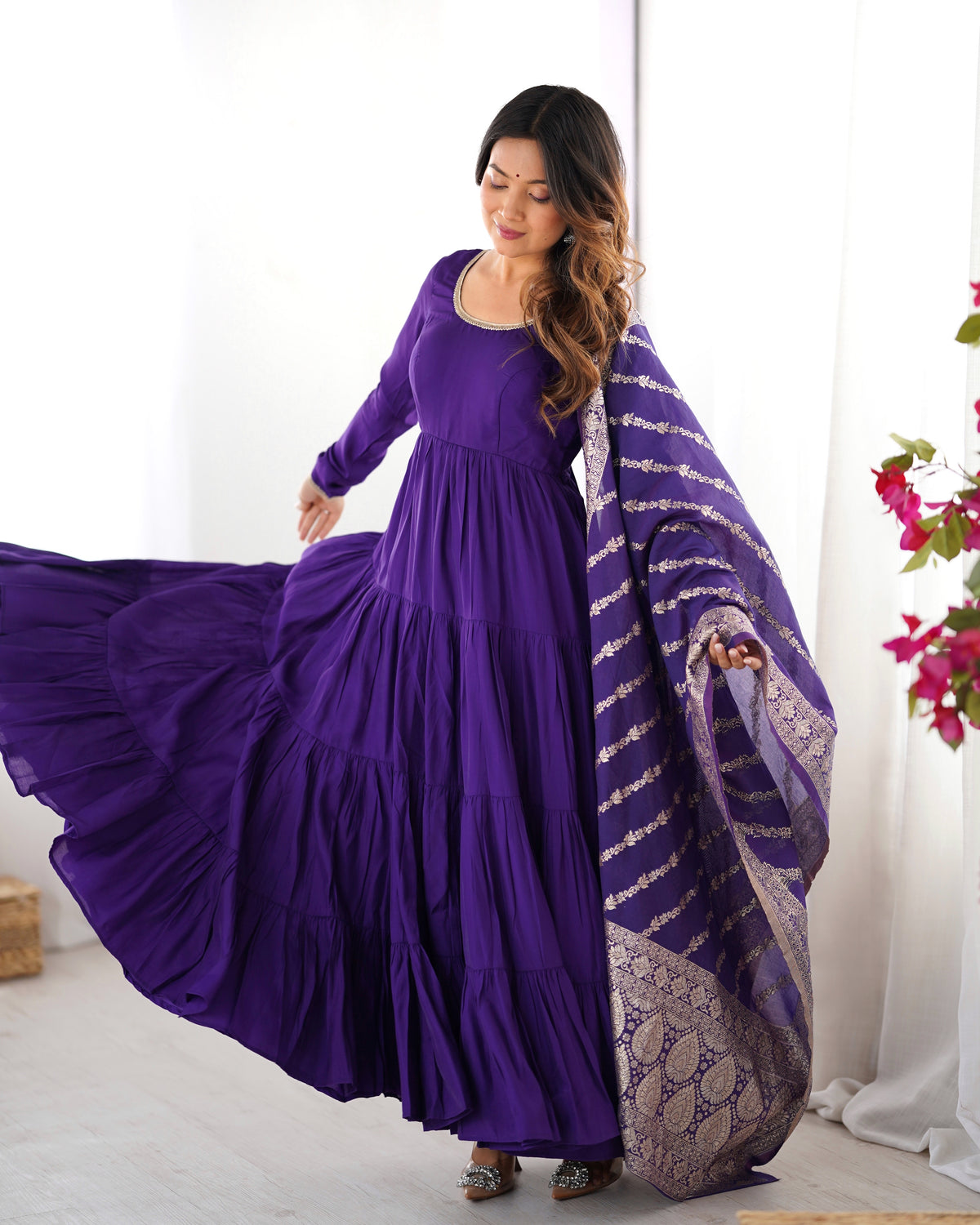Romansilk Chanderi 9M+ Flair Anarkali Set with Padded Yoke & Banarasi Jacquard Dupatta