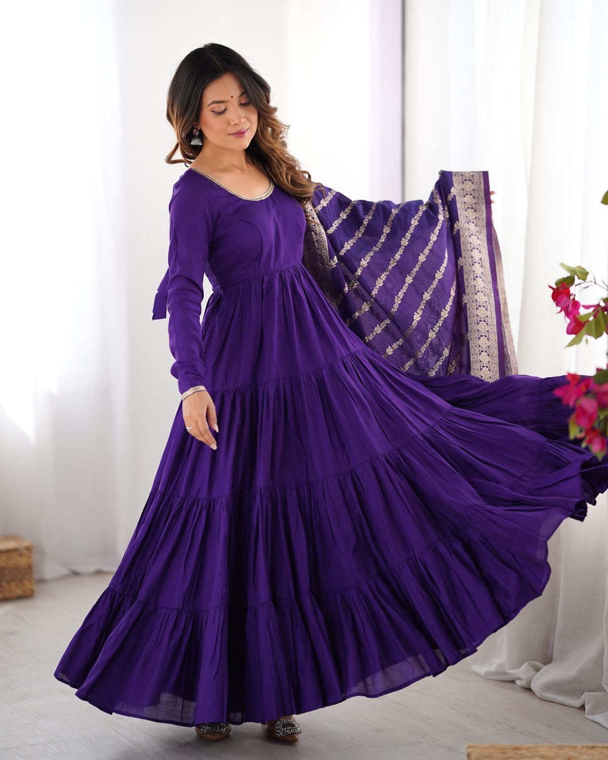 Romansilk Chanderi 9M+ Flair Anarkali Set with Padded Yoke & Banarasi Jacquard Dupatta