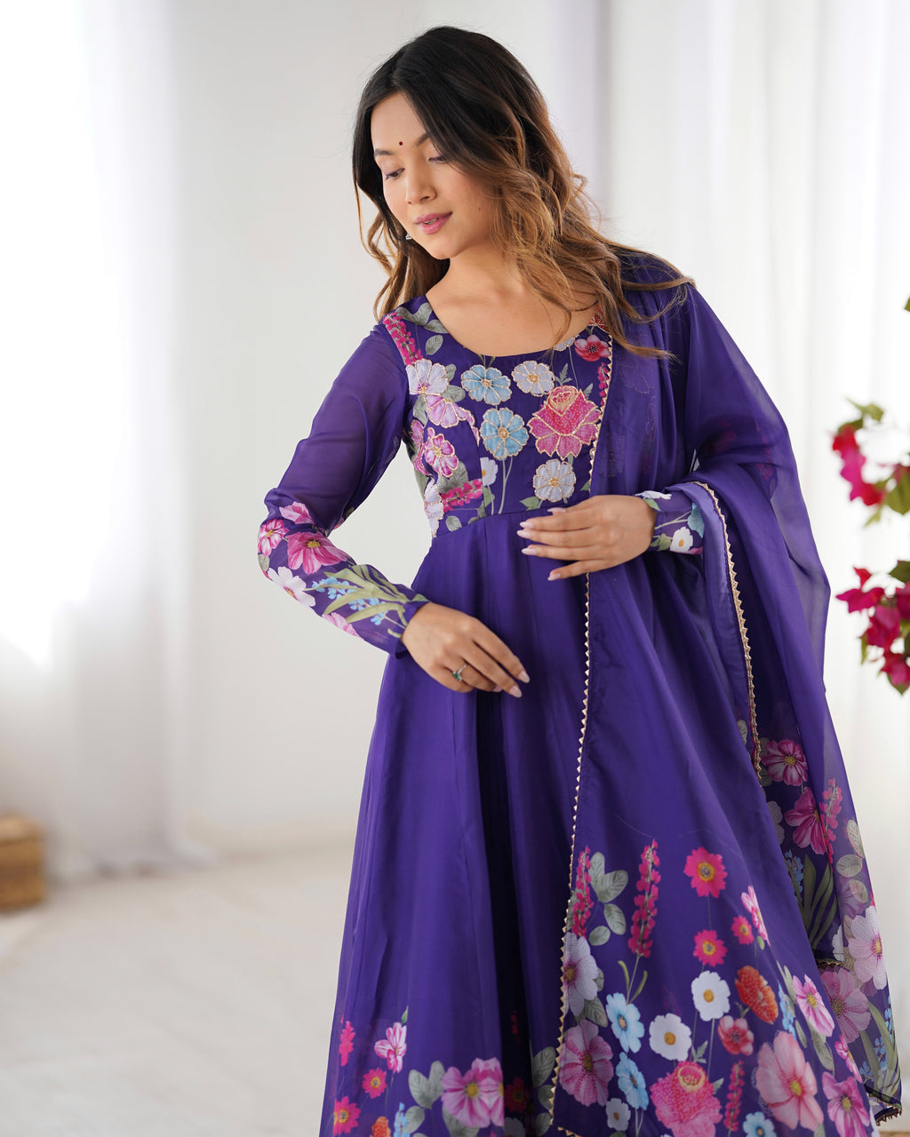 Floral Organza Silk Printed Anarkali with Badla Jari Handwork & Gota Patti Dupatta