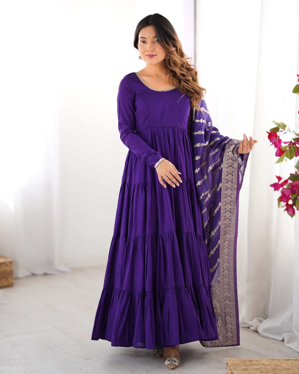 Romansilk Chanderi 9M+ Flair Anarkali Set with Padded Yoke & Banarasi Jacquard Dupatta