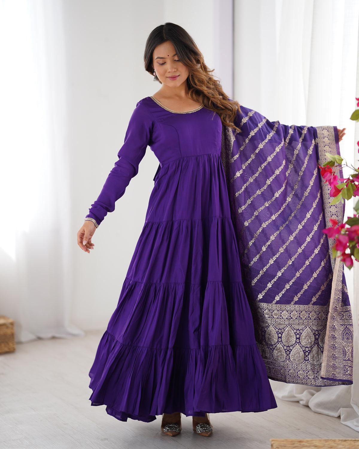 Romansilk Chanderi 9M+ Flair Anarkali Set with Padded Yoke & Banarasi Jacquard Dupatta