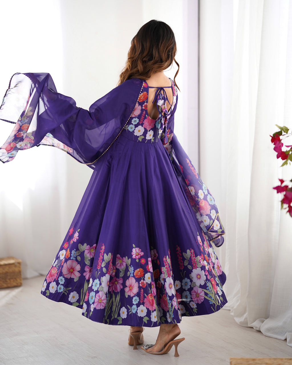Floral Organza Silk Printed Anarkali with Badla Jari Handwork & Gota Patti Dupatta