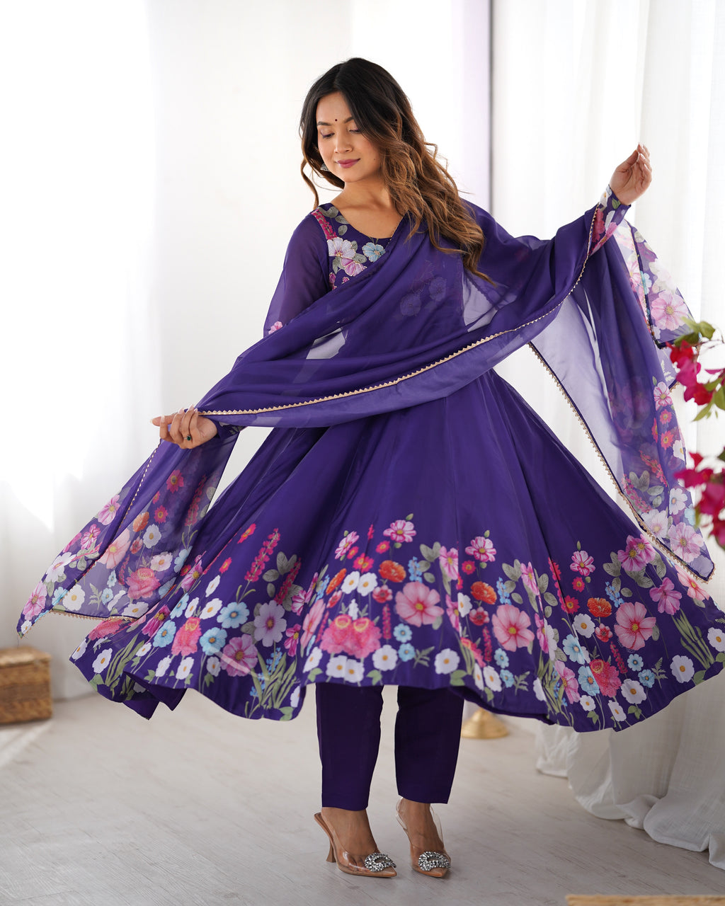 Floral Organza Silk Printed Anarkali with Badla Jari Handwork & Gota Patti Dupatta