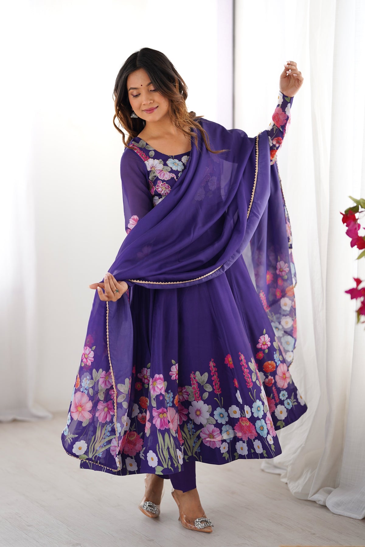 Floral Organza Silk Printed Anarkali with Badla Jari Handwork & Gota Patti Dupatta