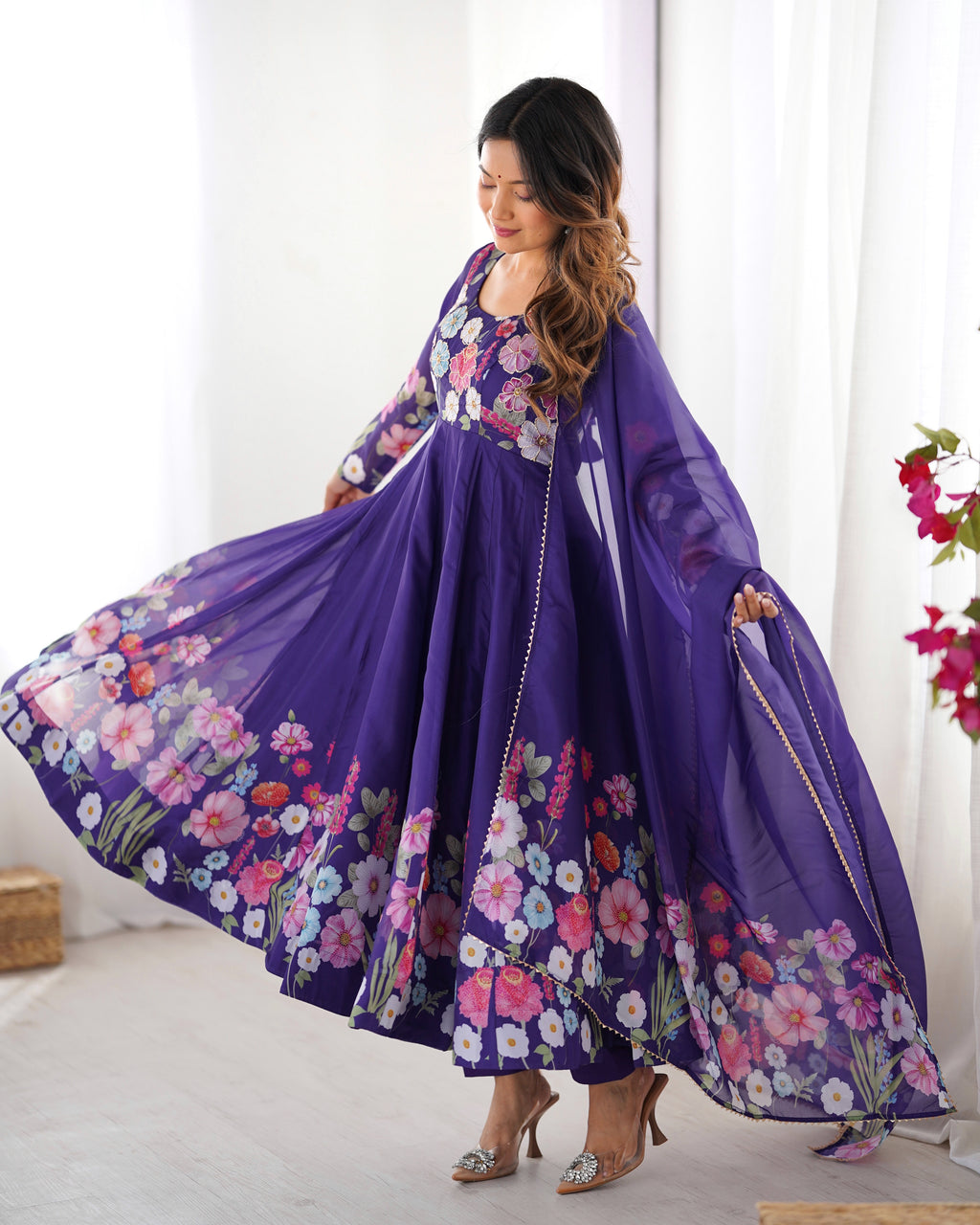 Floral Organza Silk Printed Anarkali with Badla Jari Handwork & Gota Patti Dupatta