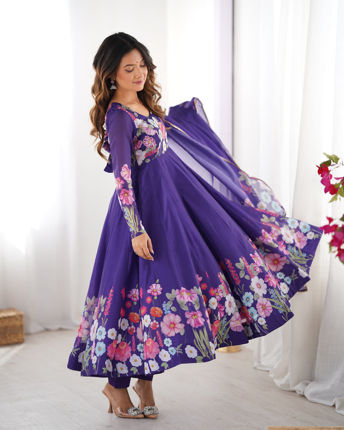 Floral Organza Silk Printed Anarkali with Badla Jari Handwork & Gota Patti Dupatta