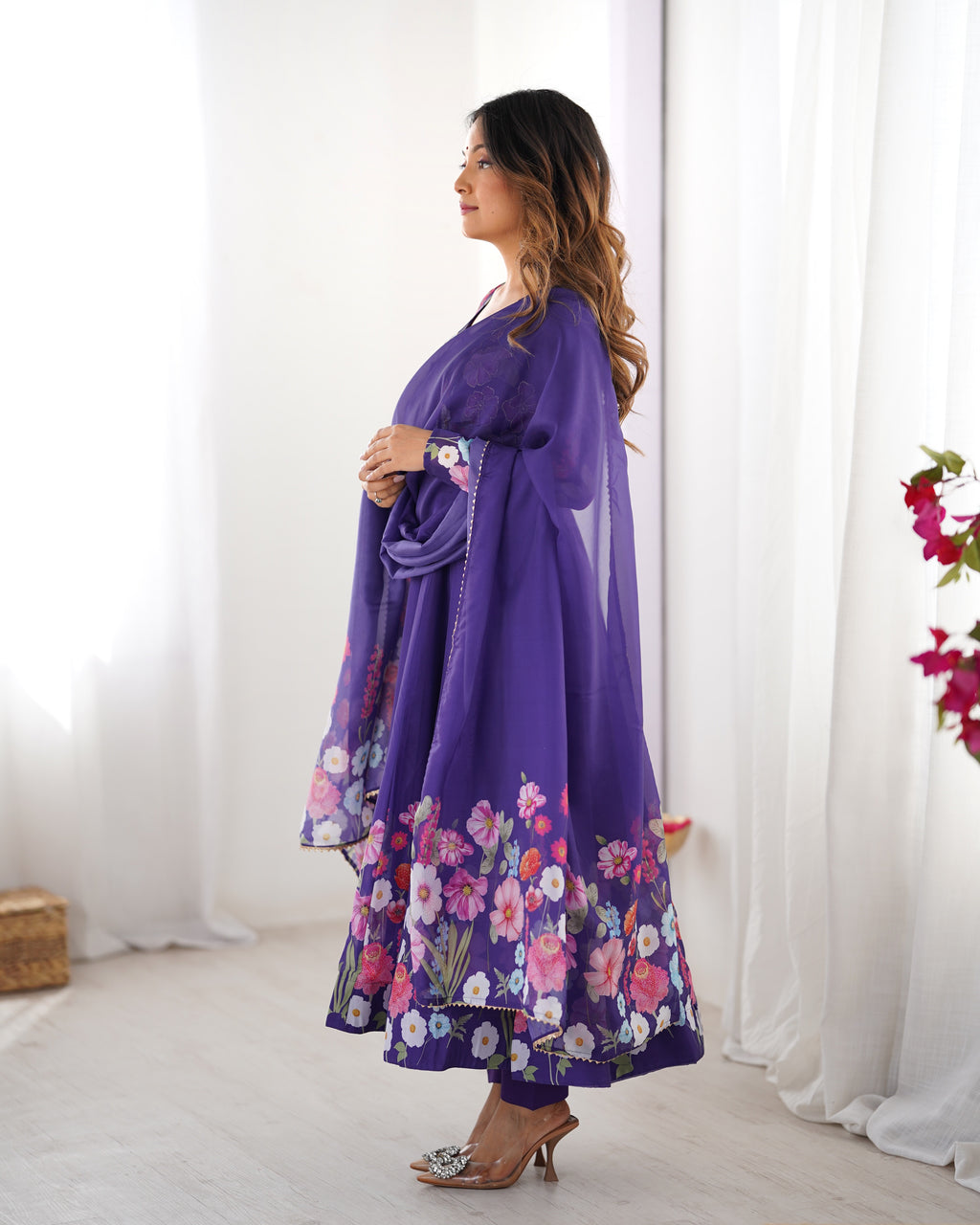 Floral Organza Silk Printed Anarkali with Badla Jari Handwork & Gota Patti Dupatta