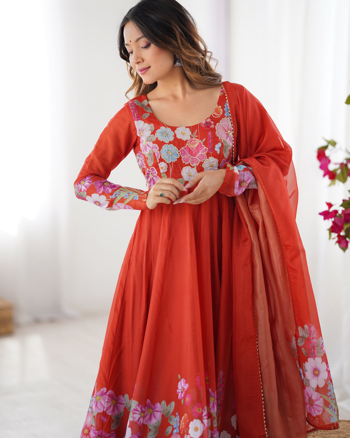 Floral Organza Silk Printed Anarkali with Badla Jari Handwork & Gota Patti Dupatta