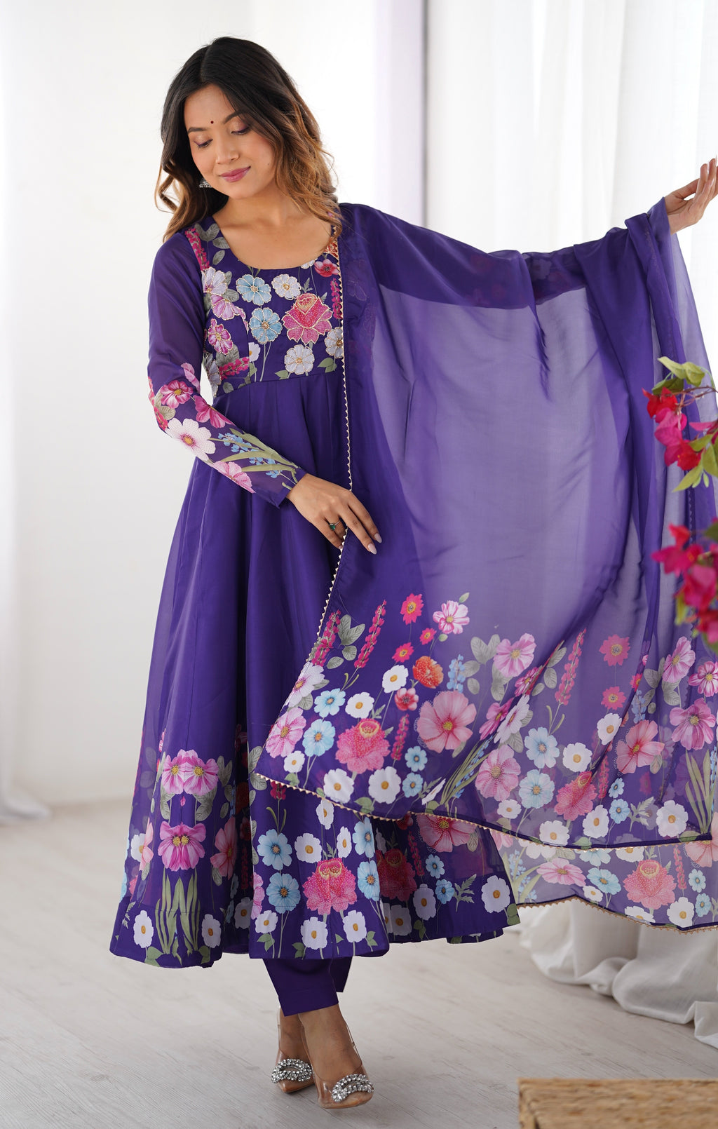 Floral Organza Silk Printed Anarkali with Badla Jari Handwork & Gota Patti Dupatta