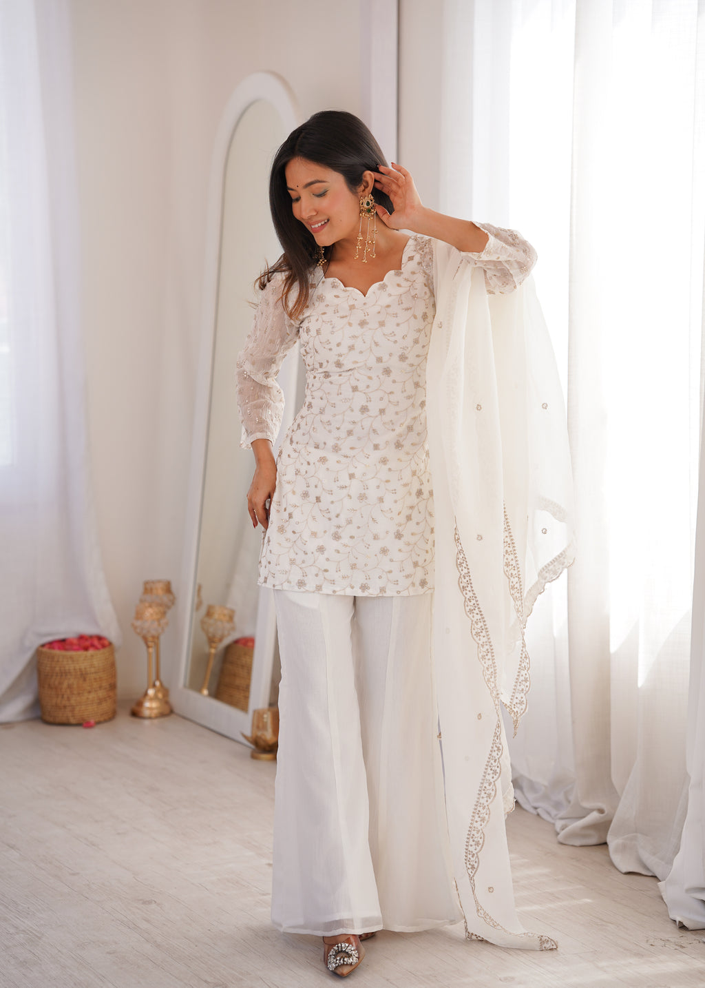 Crunchy Silk Embroidered Bell Bottom Suit with Sequin, Jari & Lace Work Dupatta
