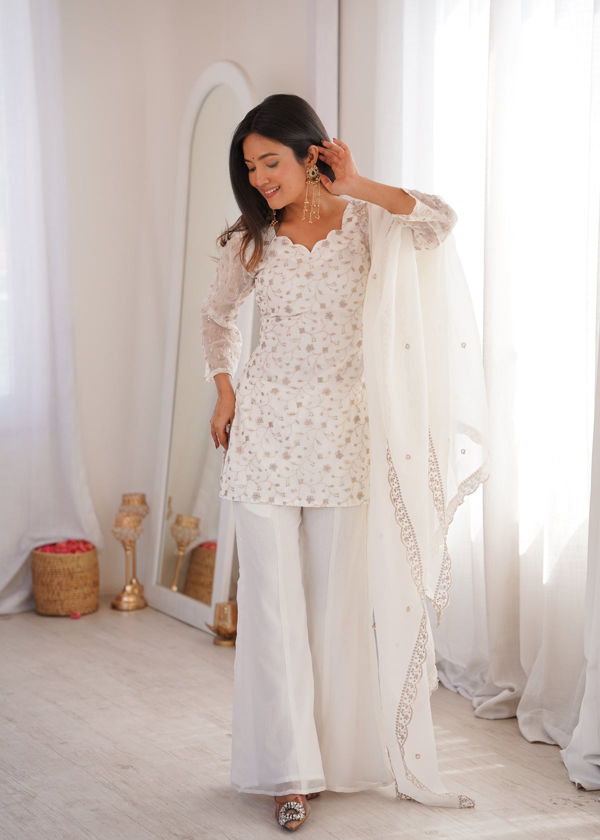Crunchy Silk Embroidered Bell Bottom Suit with Sequin, Jari & Lace Work Dupatta
