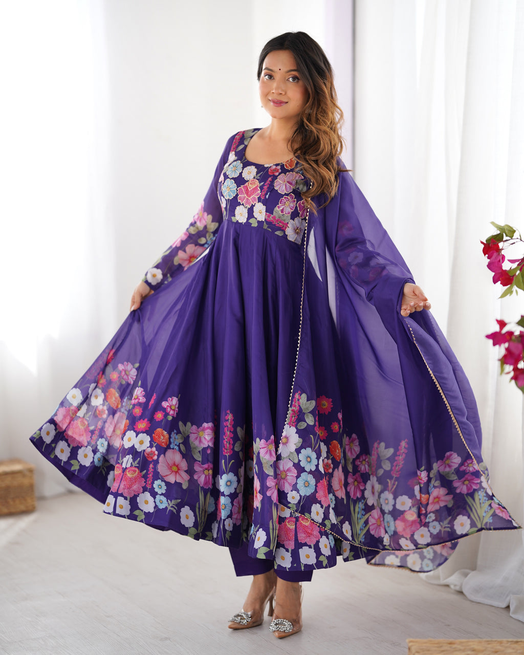 Floral Organza Silk Printed Anarkali with Badla Jari Handwork & Gota Patti Dupatta