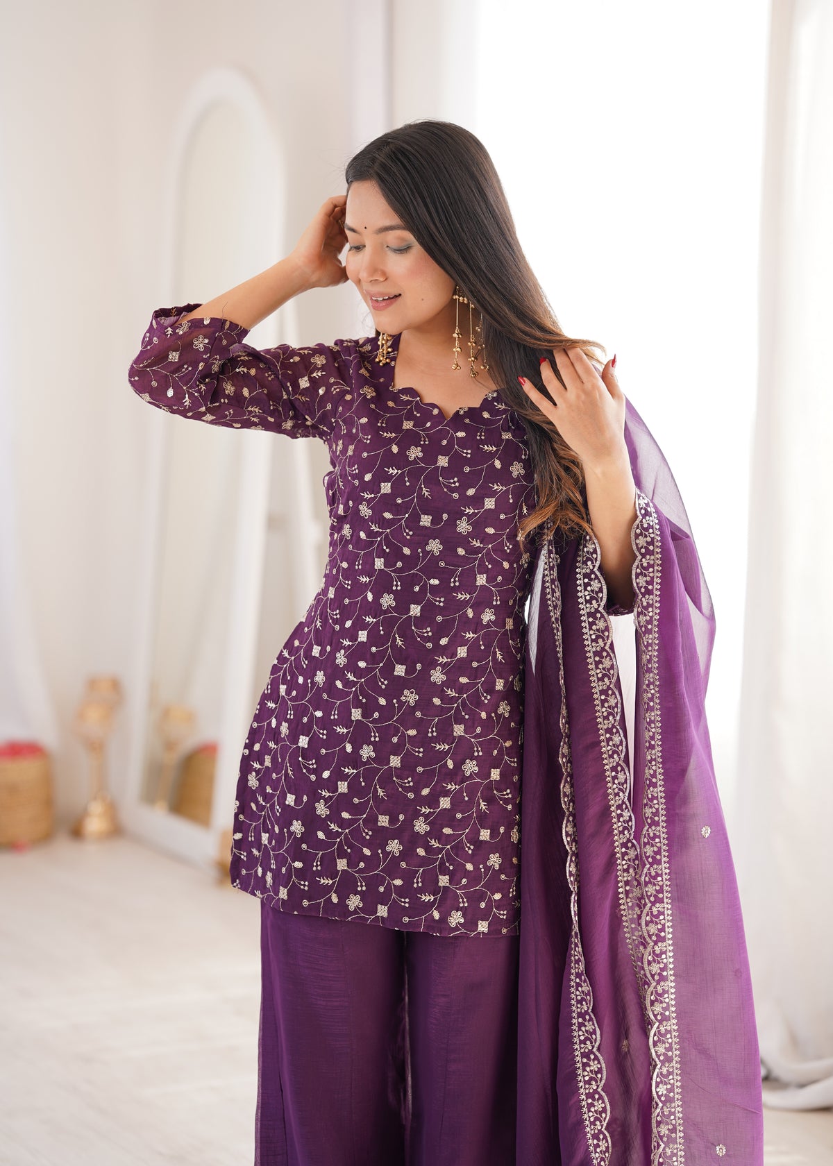 Crunchy Silk Embroidered Bell Bottom Suit with Sequin, Jari & Lace Work Dupatta