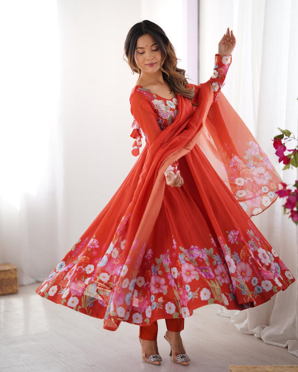 Floral Organza Silk Printed Anarkali with Badla Jari Handwork & Gota Patti Dupatta