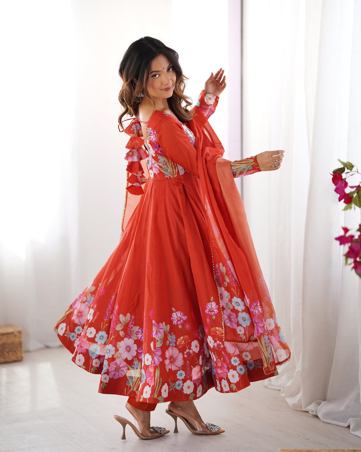 Floral Organza Silk Printed Anarkali with Badla Jari Handwork & Gota Patti Dupatta
