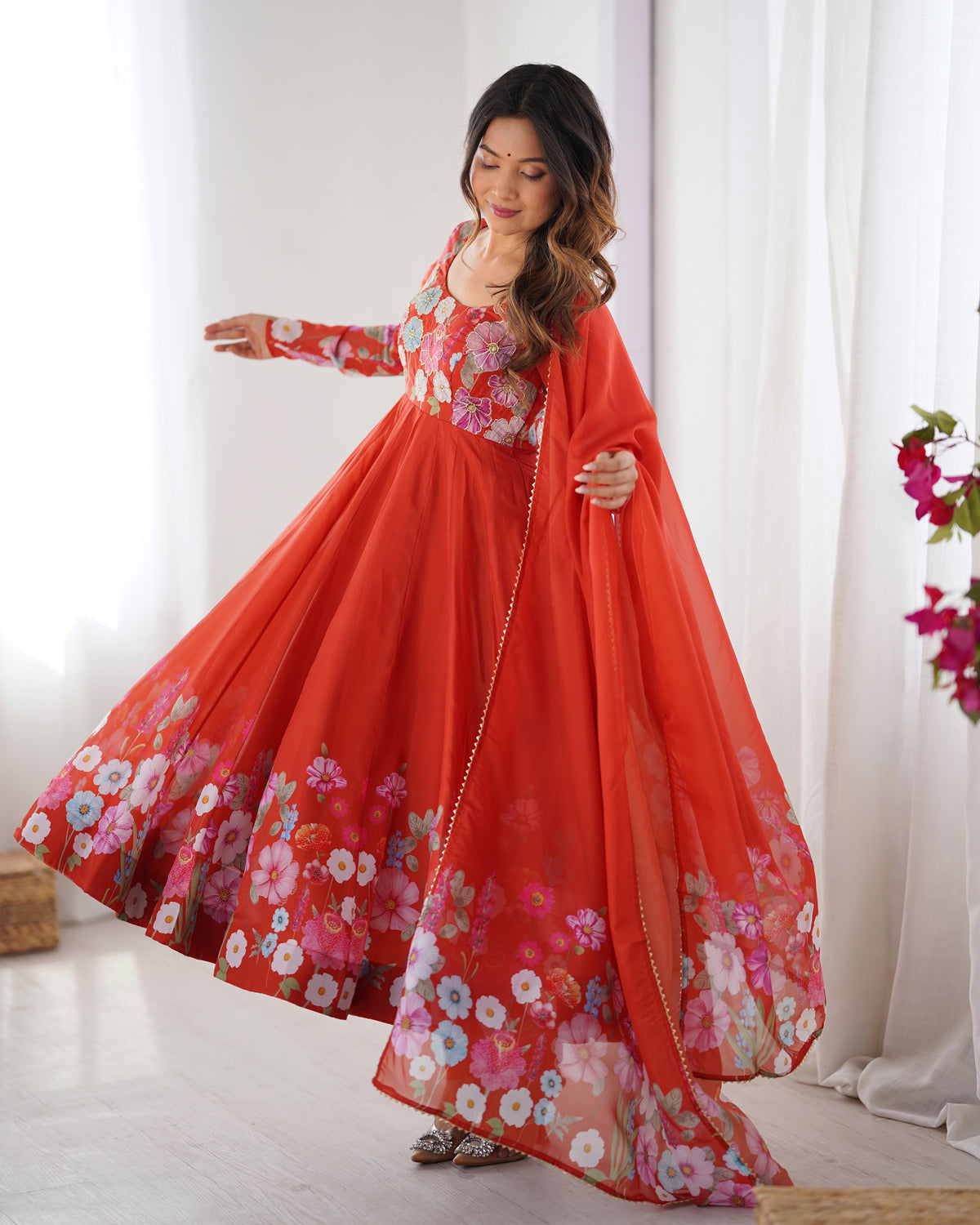 Floral Organza Silk Printed Anarkali with Badla Jari Handwork & Gota Patti Dupatta