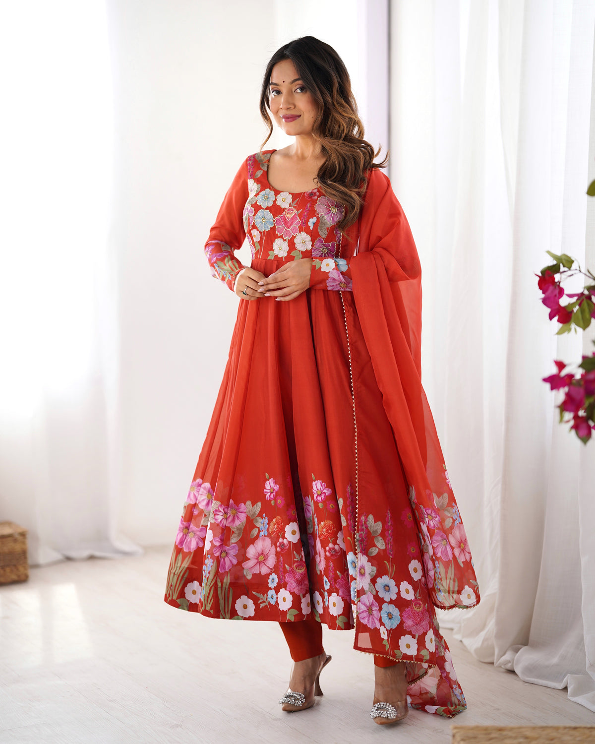 Floral Organza Silk Printed Anarkali with Badla Jari Handwork & Gota Patti Dupatta