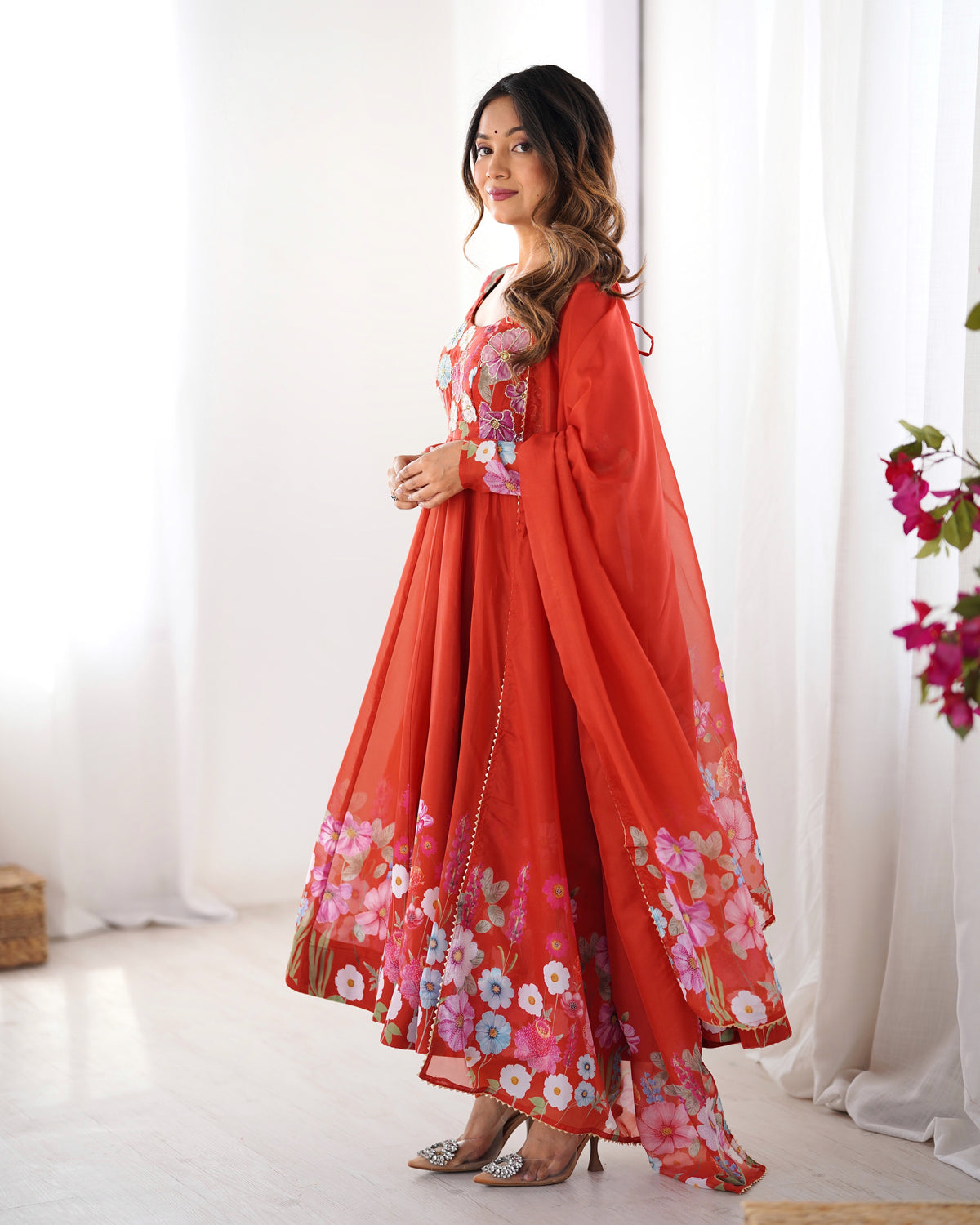 Floral Organza Silk Printed Anarkali with Badla Jari Handwork & Gota Patti Dupatta