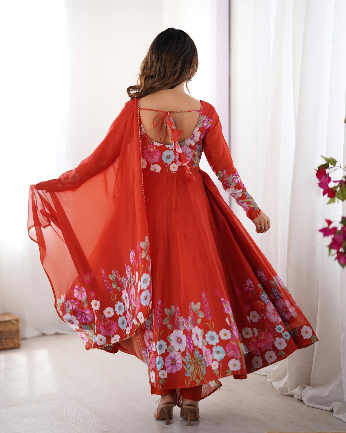 Floral Organza Silk Printed Anarkali with Badla Jari Handwork & Gota Patti Dupatta