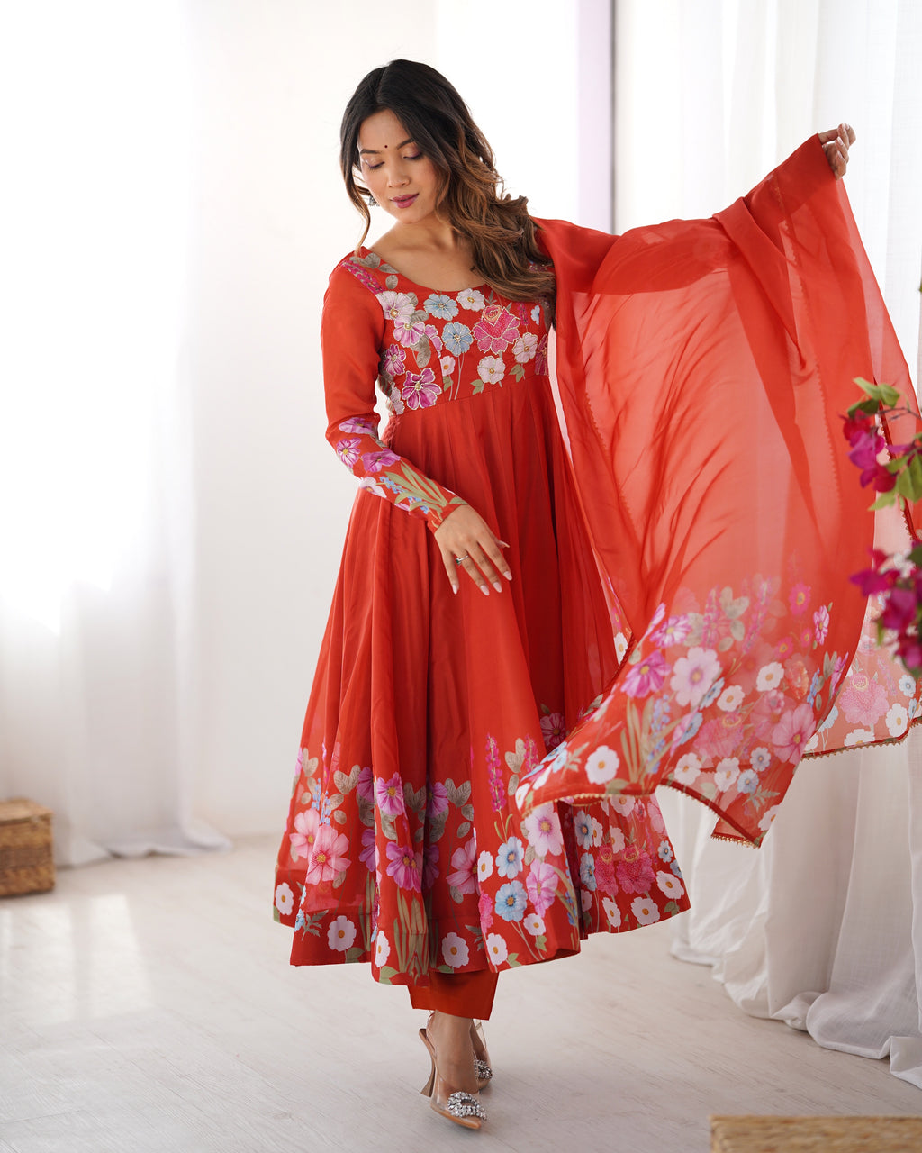 Floral Organza Silk Printed Anarkali with Badla Jari Handwork & Gota Patti Dupatta