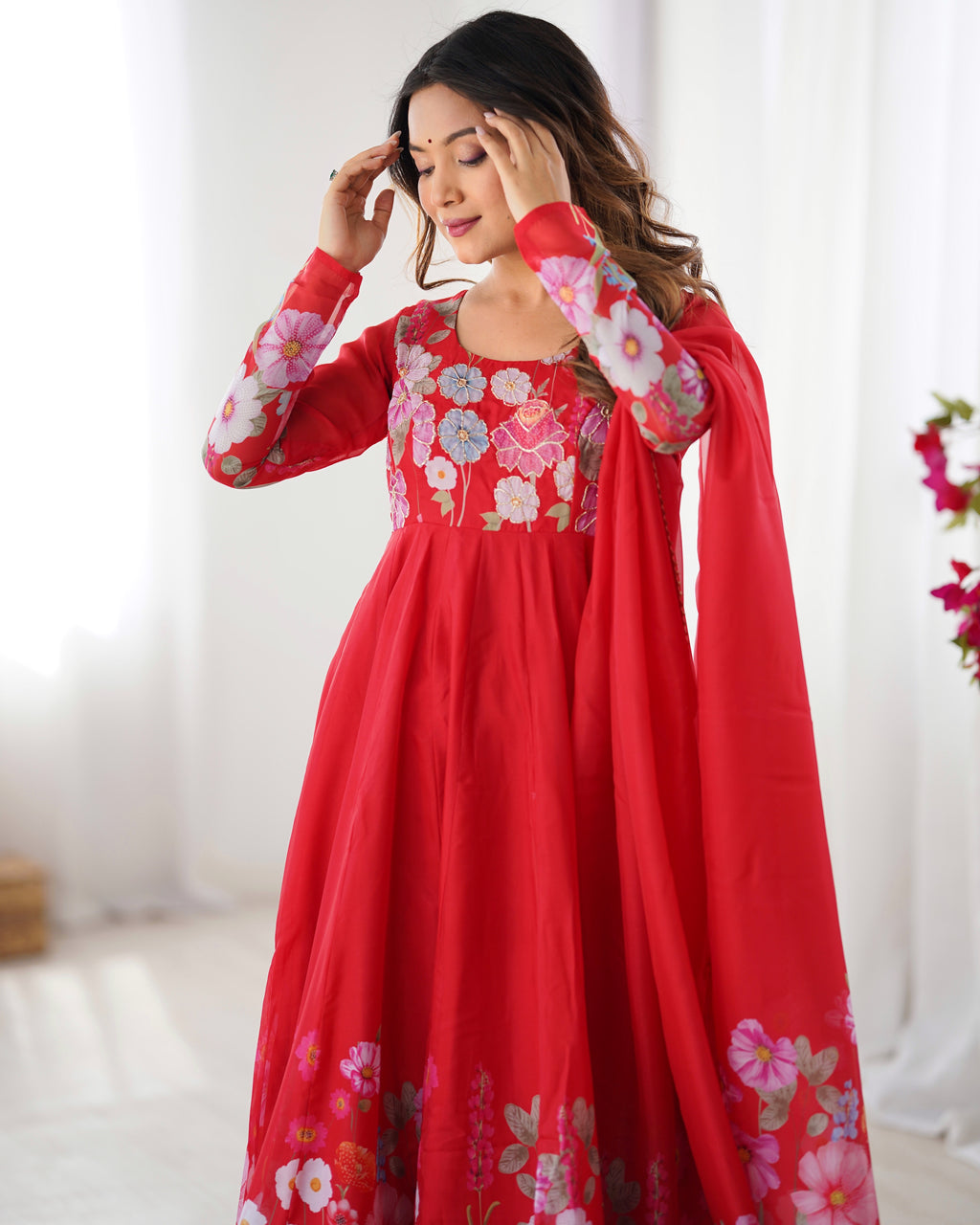 Floral Organza Silk Printed Anarkali with Badla Jari Handwork & Gota Patti Dupatta