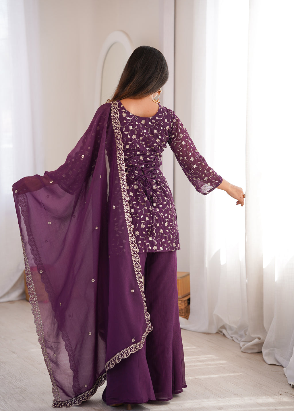 Crunchy Silk Embroidered Bell Bottom Suit with Sequin, Jari & Lace Work Dupatta