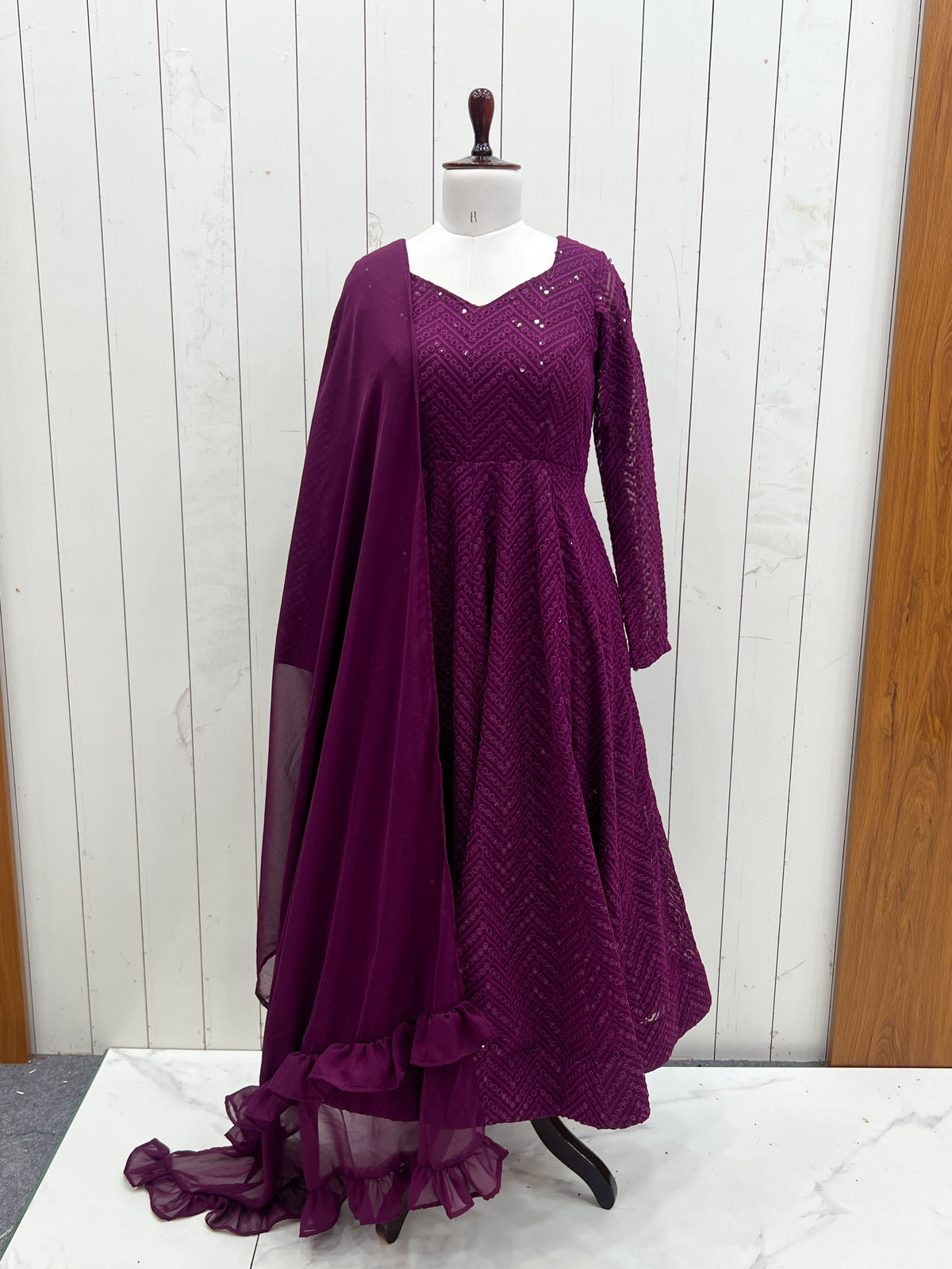 Lucknowi Faux Georgette Anarkali Suit with 4M Kali Flair, Sequin Work & Ruffle Dupatta