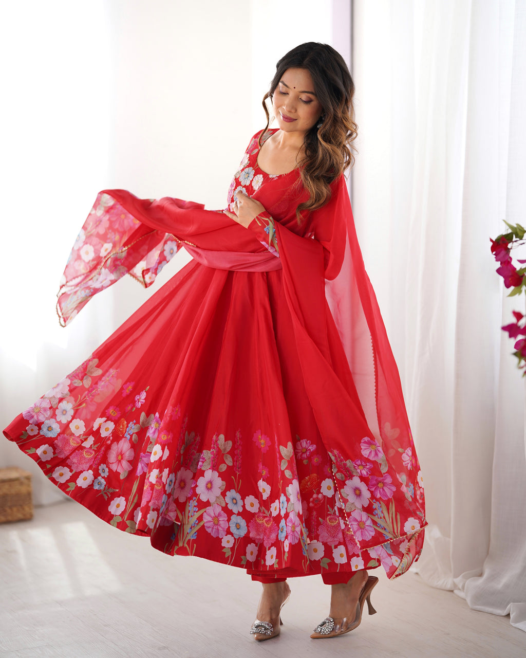 Floral Organza Silk Printed Anarkali with Badla Jari Handwork & Gota Patti Dupatta