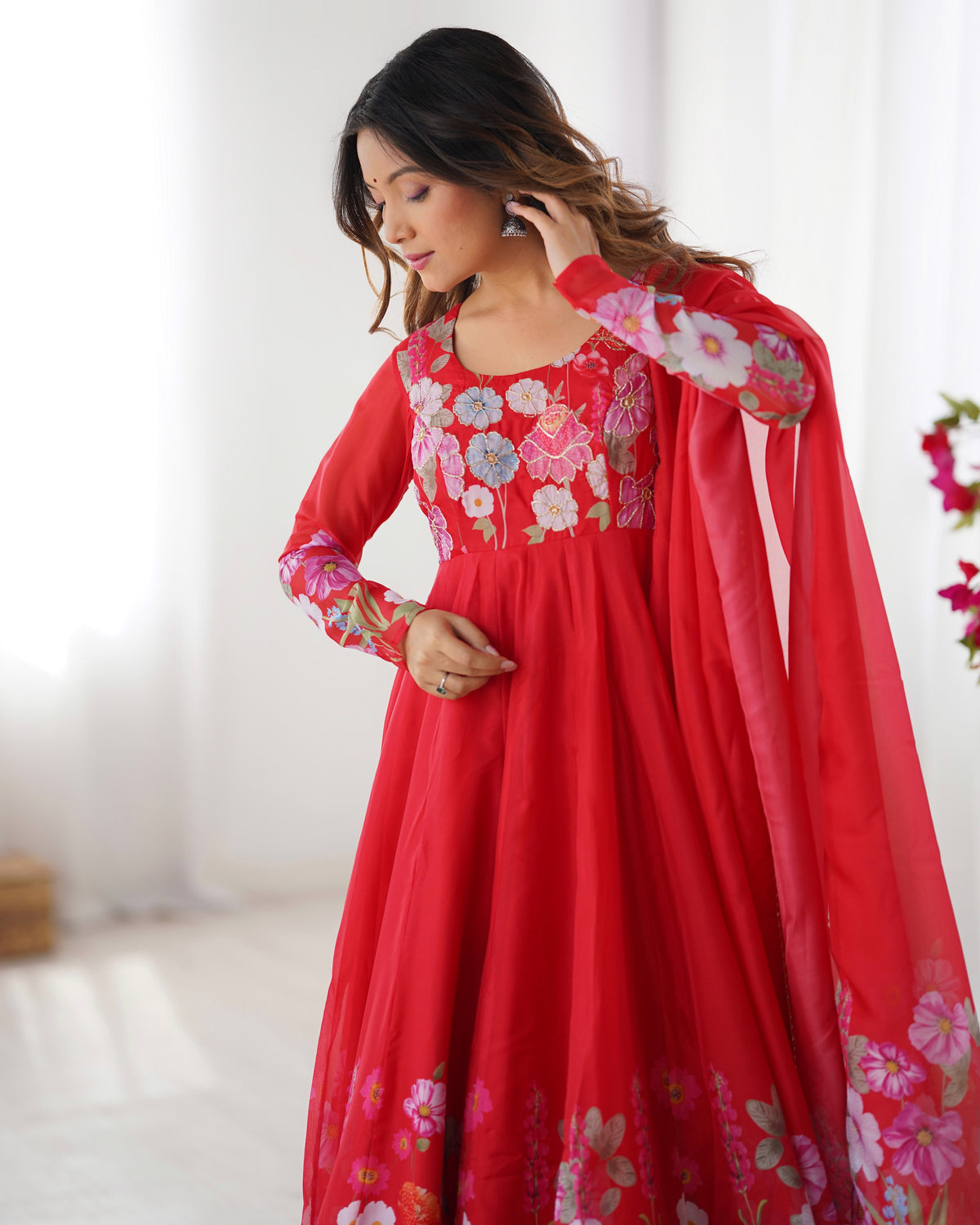 Floral Organza Silk Printed Anarkali with Badla Jari Handwork & Gota Patti Dupatta