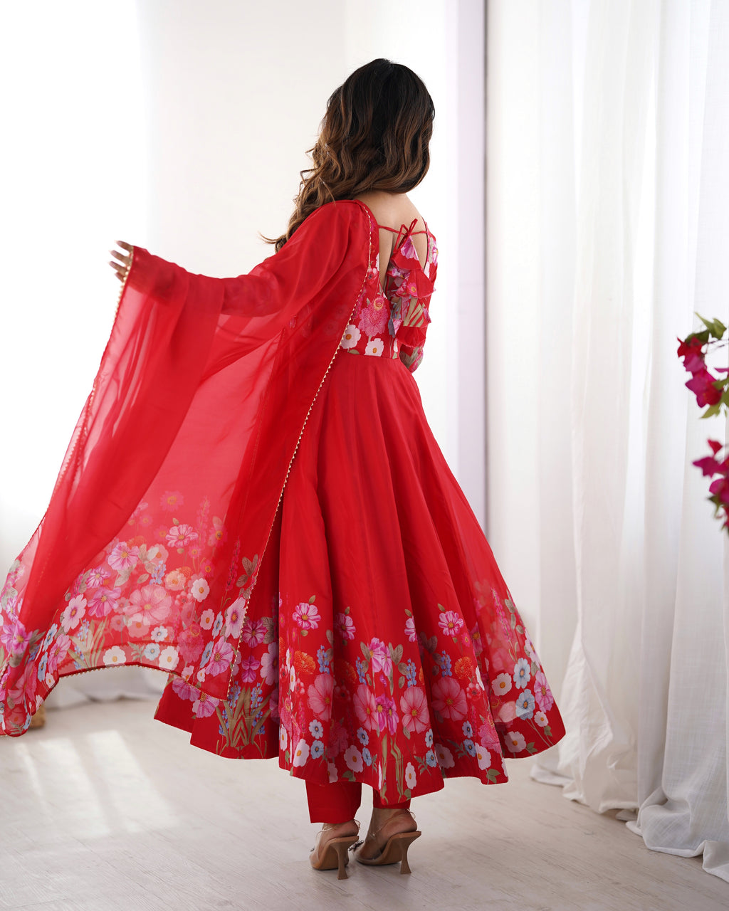 Floral Organza Silk Printed Anarkali with Badla Jari Handwork & Gota Patti Dupatta