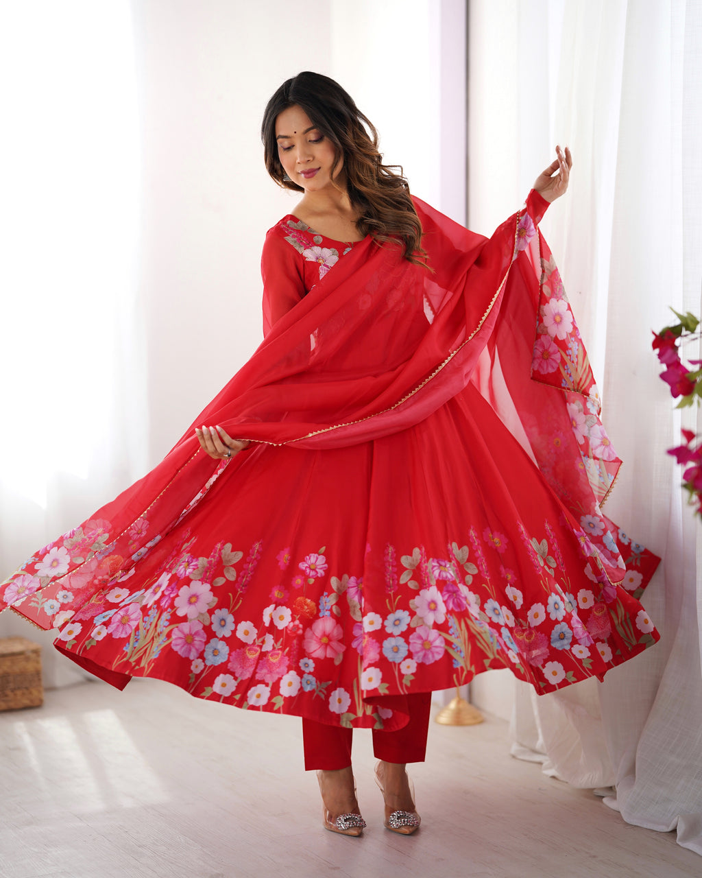Floral Organza Silk Printed Anarkali with Badla Jari Handwork & Gota Patti Dupatta