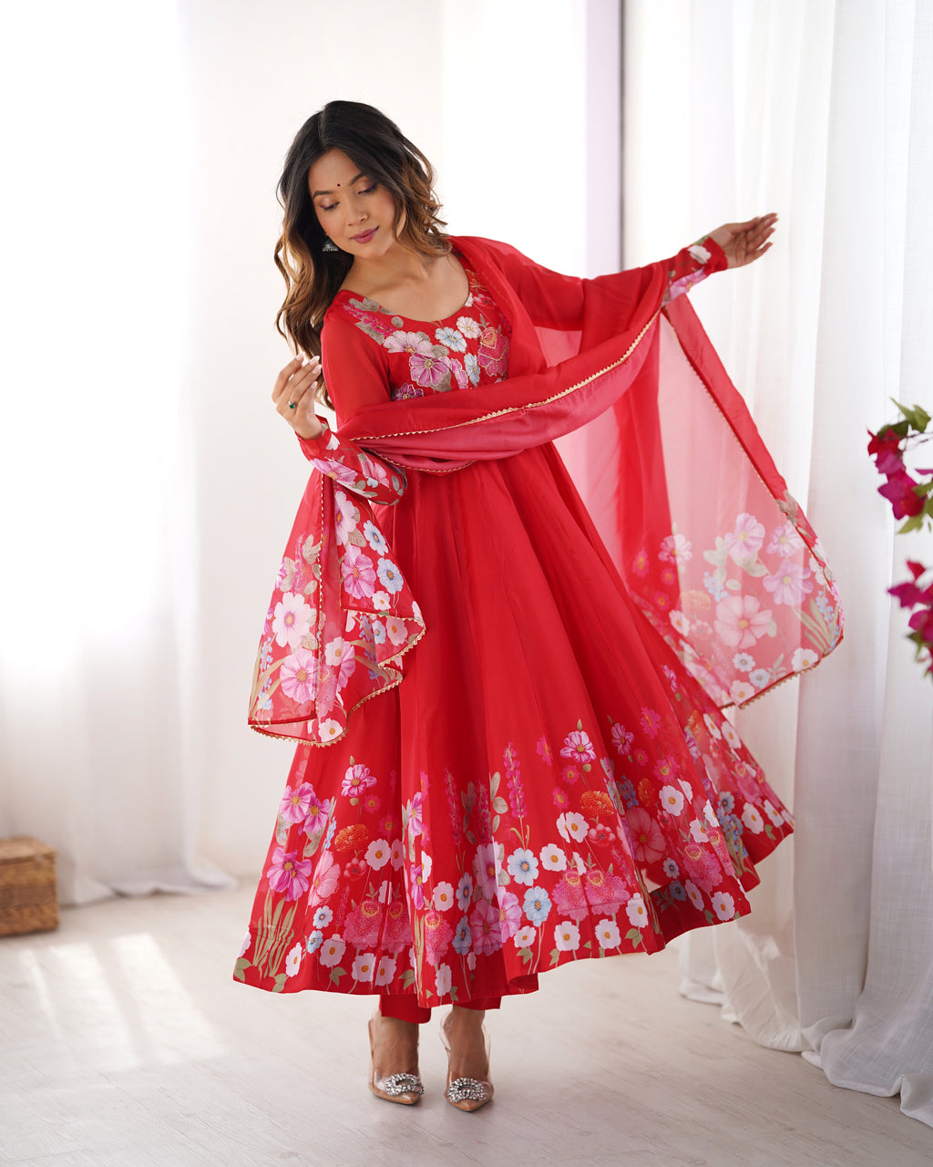 Floral Organza Silk Printed Anarkali with Badla Jari Handwork & Gota Patti Dupatta