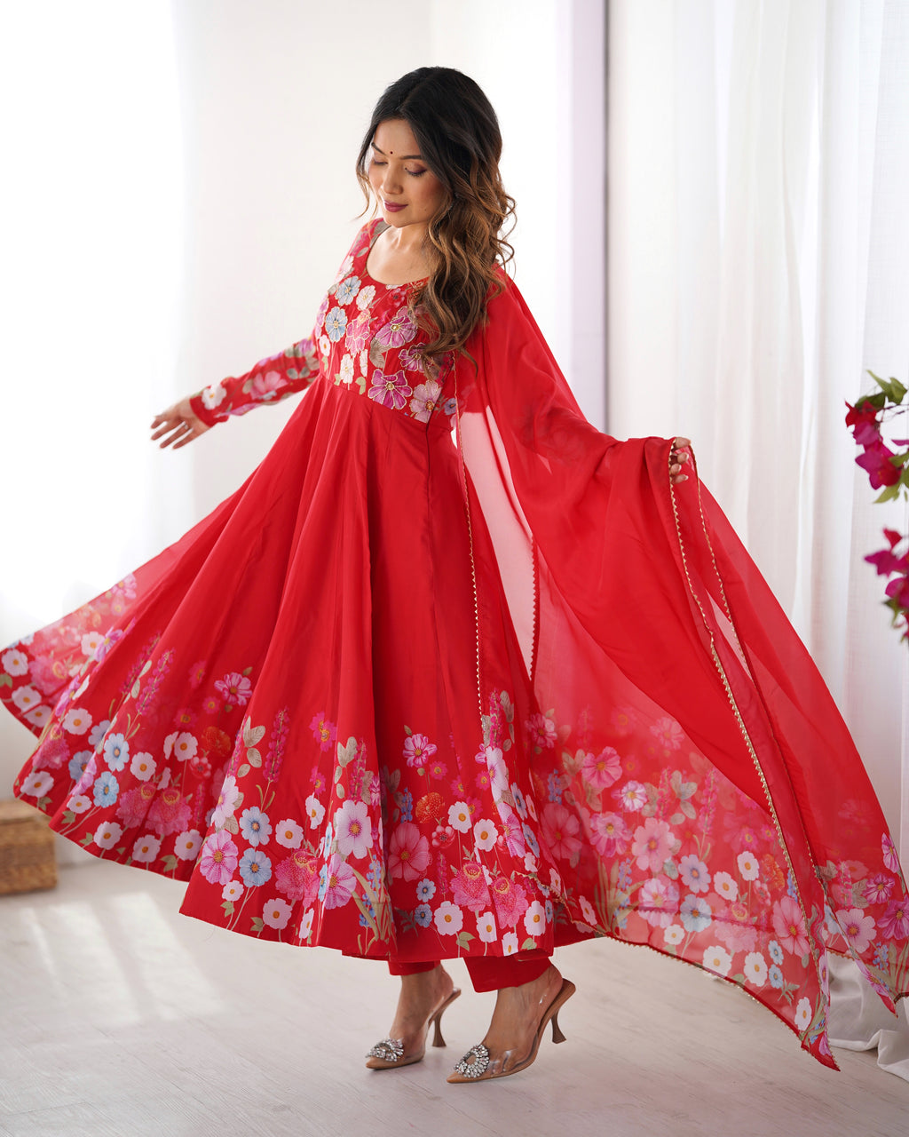Floral Organza Silk Printed Anarkali with Badla Jari Handwork & Gota Patti Dupatta