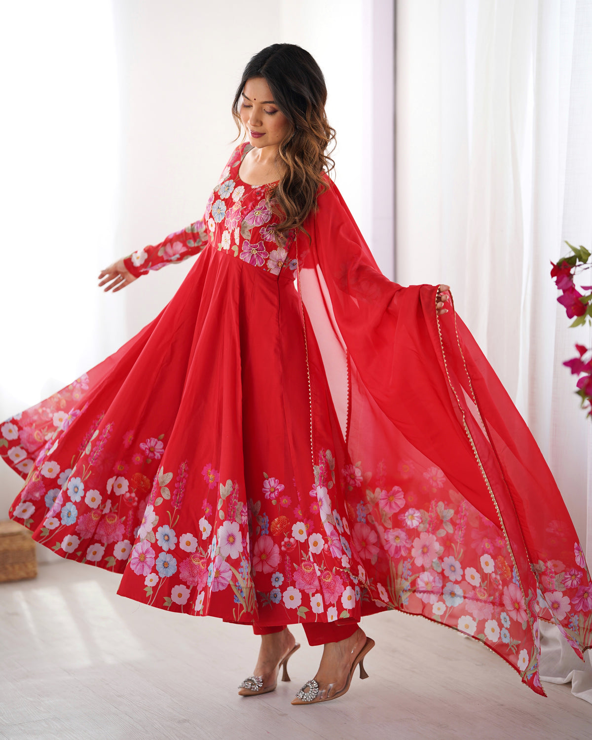 Floral Organza Silk Printed Anarkali with Badla Jari Handwork & Gota Patti Dupatta