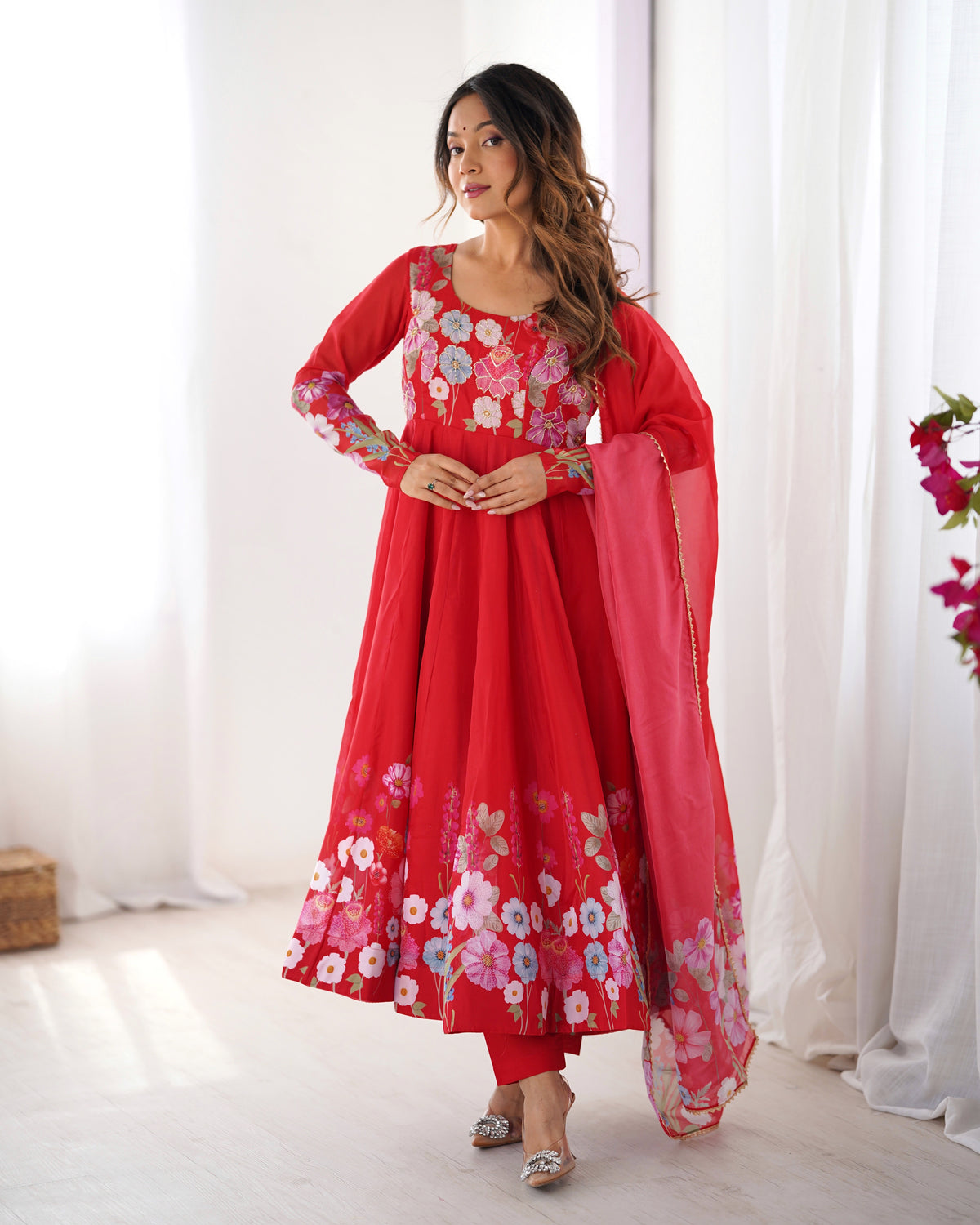 Floral Organza Silk Printed Anarkali with Badla Jari Handwork & Gota Patti Dupatta
